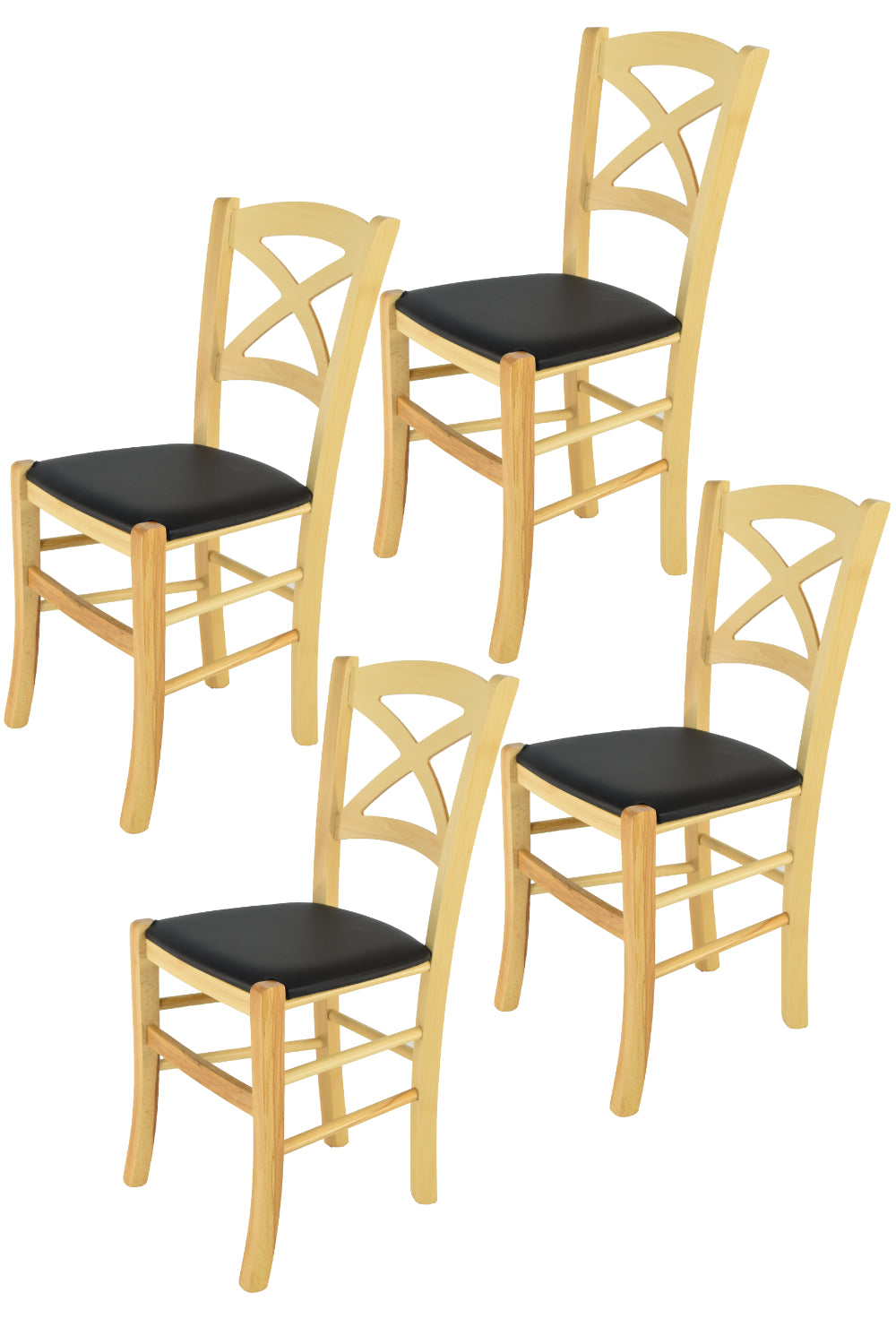 Tommychairs - Set 4 sillas de Cocina y Comedor Cross, Estructura en Madera de Haya Color Natural y Asiento tapizado en Polipiel Color Negro