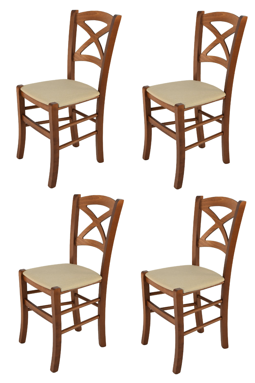 Tommychairs - Set 4 sillas de Cocina y Comedor Cross, Estructura en Madera de Haya Color Nuez Claro y Asiento tapizado en Tejido Color cáñamo