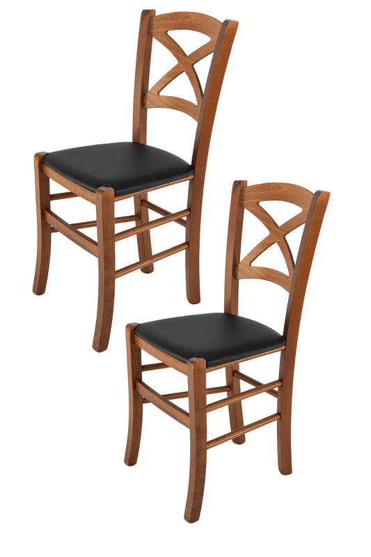 Tommychairs - Set 2 sillas de Cocina y Comedor Cross, Estructura en Madera de Haya Color Nuez Claro y Asiento tapizado en Polipiel Color Negro