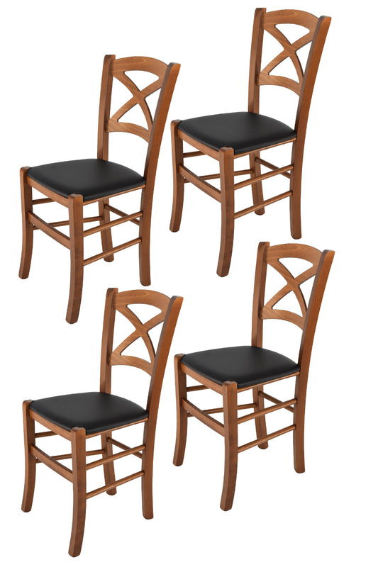Tommychairs - Set 4 sillas de Cocina y Comedor Cross, Estructura en Madera de Haya Color Nuez Claro y Asiento tapizado en Polipiel Color Negro