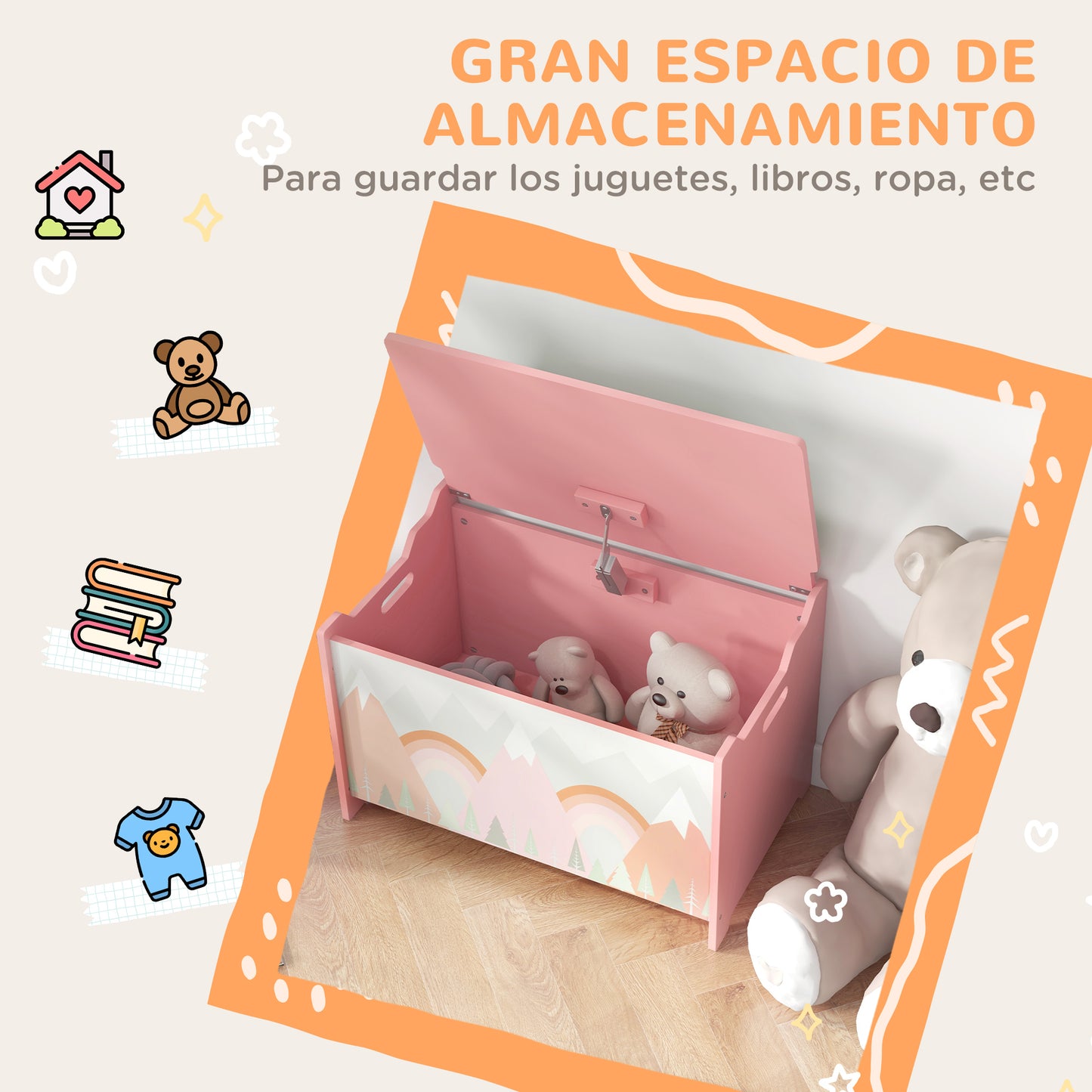 ZONEKIZ Cajas de Almacenamiento Cajas de Juguetes para Niños de 3 a 8 Años con 2 Asas y Estampado de Zorro Carga 20 kg para Libros Ropas en Dormitorio Salón Comedor 60x37x39 cm Rosa