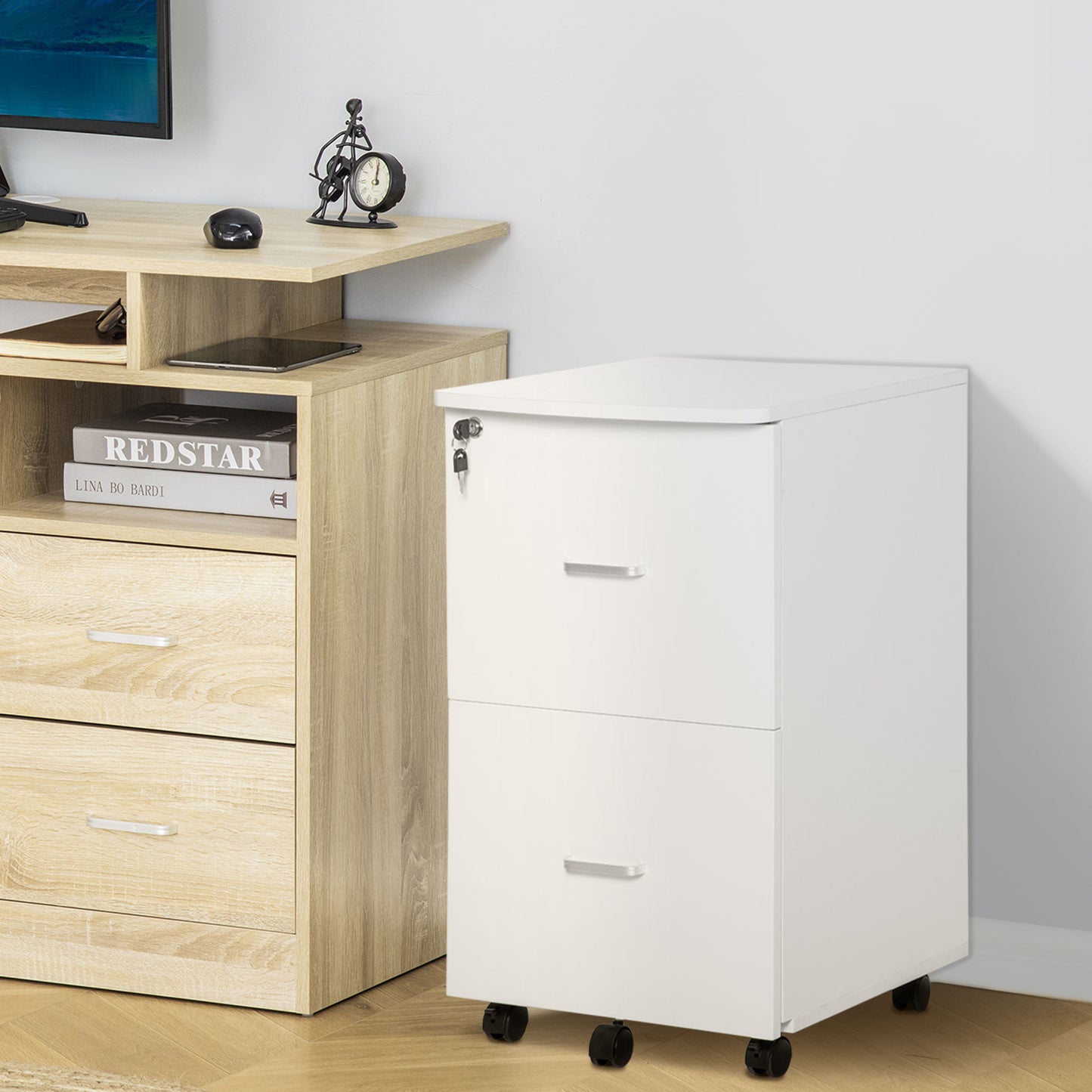 Vinsetto Cajonera de Oficina Mueble Auxiliar para Archivos con 2 Cajones Cerradura de 2 Llaves 5 Ruedas para Tamaño Carta A4 para Estudio Despacho Dormitorio 43x45x72 cm Blanco