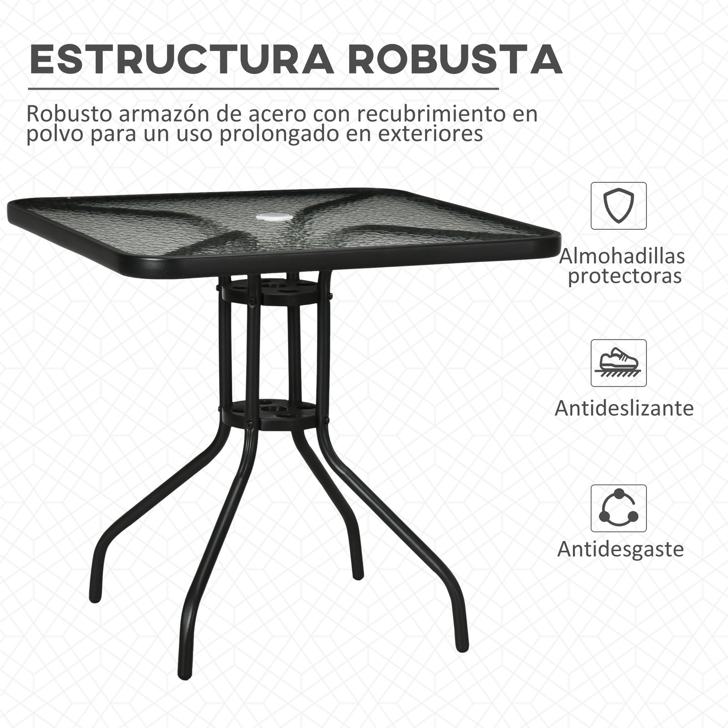 Outsunny Mesa de Jardín Cuadrada Mesa de Comedor Exterior 76x76x72 cm con Agujero para Sombrilla y Encimera de Vidrio Templado para Patio Terraza Negro