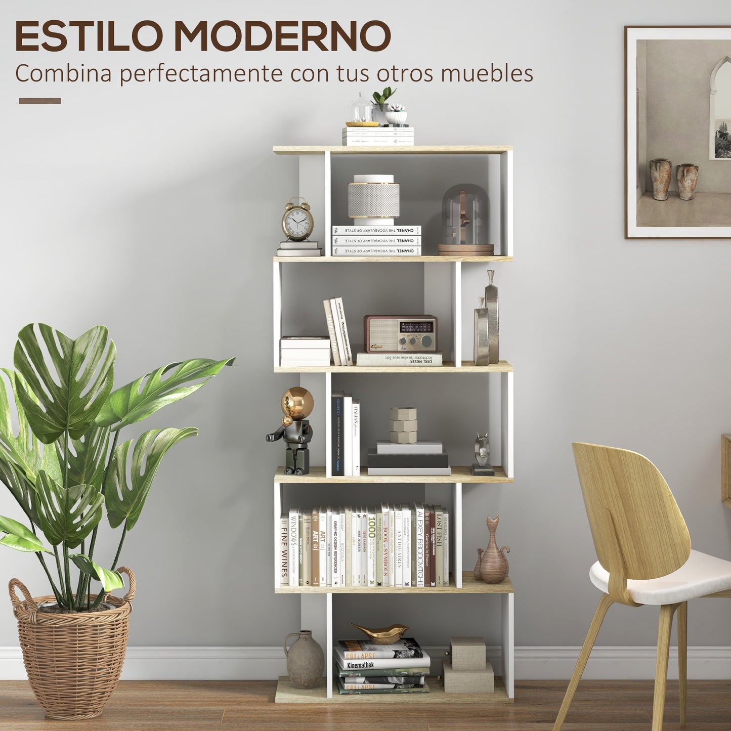 HOMCOM Estantería Librería Estilo Nórdico Librería con 5 Estantes Antivuelco Carga 25 kg para Estudio Oficina Salón 70x29,5x163 cm Roble y Blanco