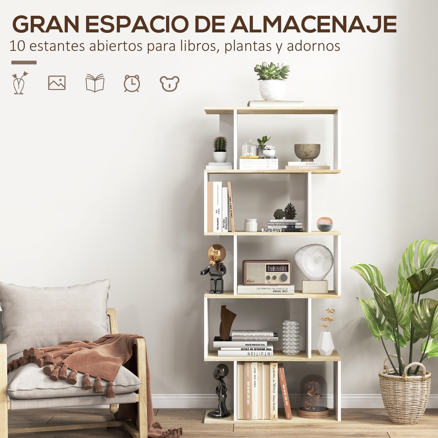 HOMCOM Estantería Librería Estilo Nórdico Librería con 5 Estantes Antivuelco Carga 25 kg para Estudio Oficina Salón 70x29,5x163 cm Roble y Blanco