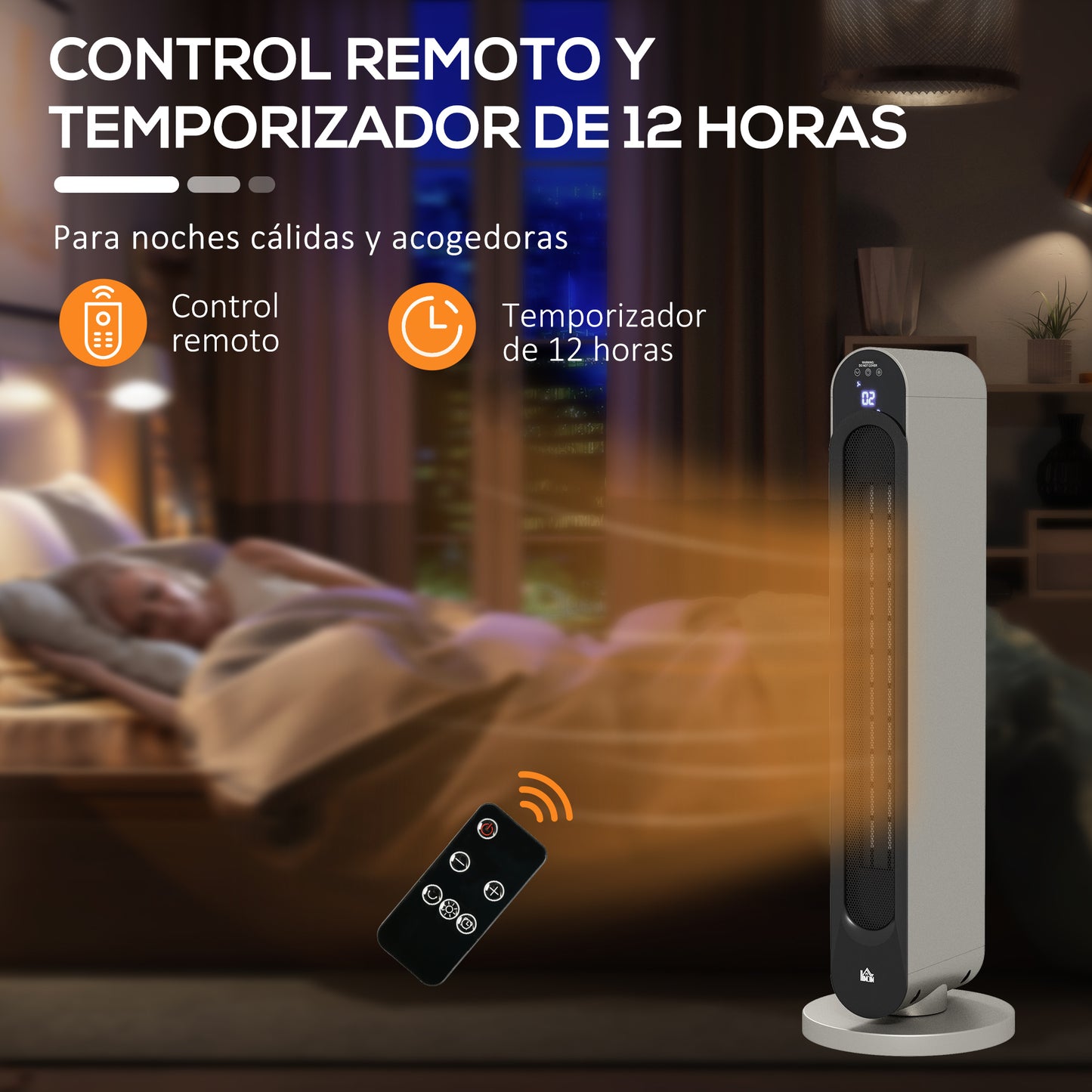 HOMCOM Calefactor Cerámico de Torre 1100/2200W Calentador Vertical con Mando a Distancia Pantalla LED Temporizador de 12H Termostato 3 Modos y Oscilación para 20-25 m² Ø25x73,5 cm Plata y Negro