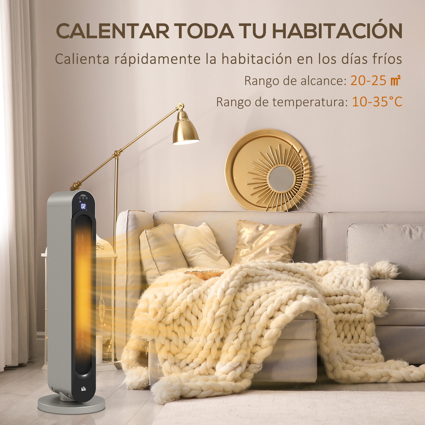 HOMCOM Calefactor Cerámico de Torre 1100/2200W Calentador Vertical con Mando a Distancia Pantalla LED Temporizador de 12H Termostato 3 Modos y Oscilación para 20-25 m² Ø25x73,5 cm Plata y Negro