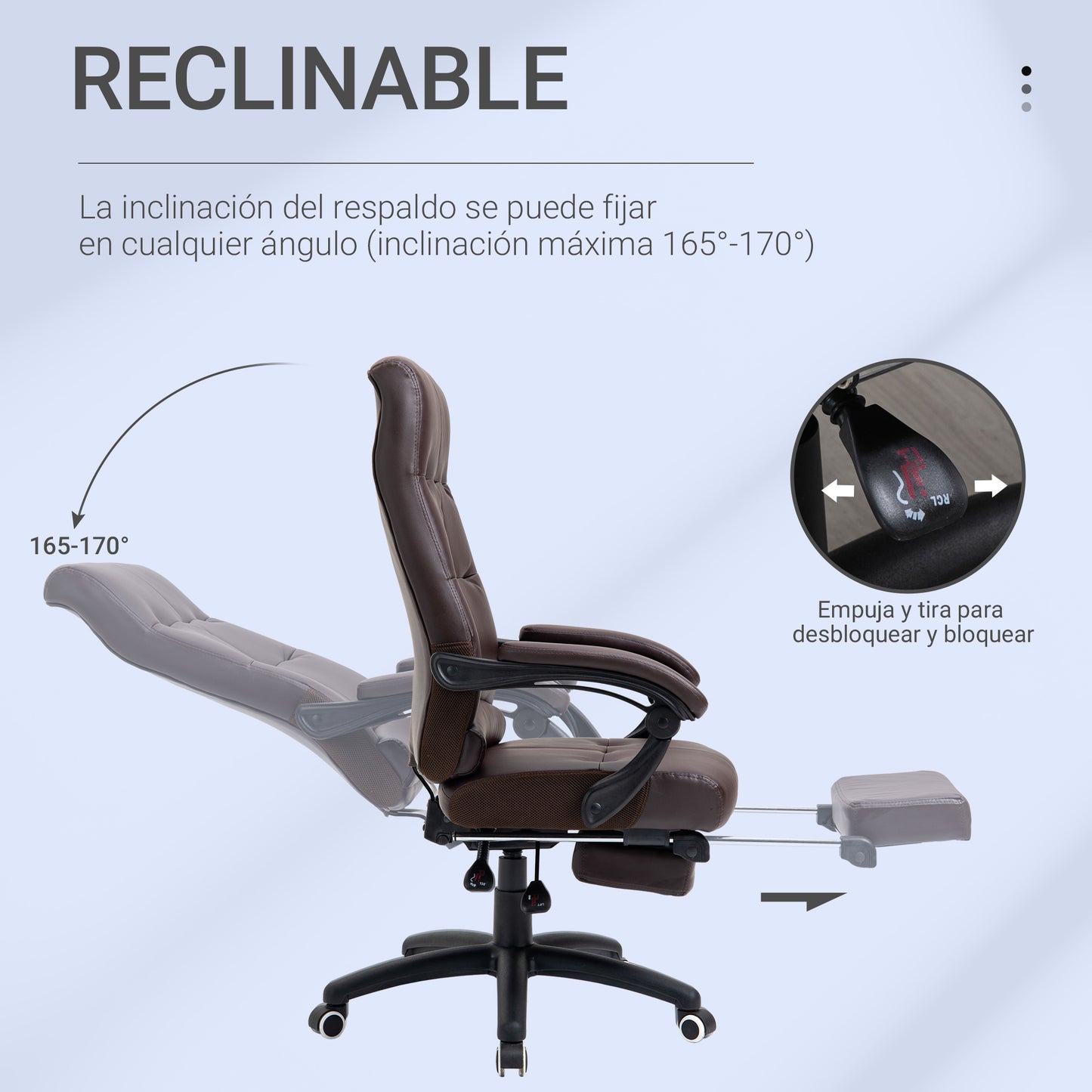 Vinsetto Silla de Oficina Giratoria Silla de Escritorio Reclinable Silla de Estudio Tapizada de PU con Altura Ajustable Reposabrazos Reposapiés 65x65x118-125 cm Marrón