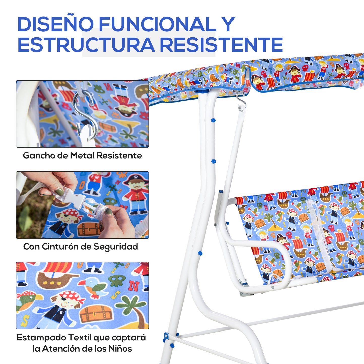 Outsunny Columpio Balancín de Jardín Infantil 2 Plazas para Niños de +3 Años con Toldo Ajustable en Ángulo para Terraza Balcón Carga Máx. 60 kg 110x70x110 cm Azul