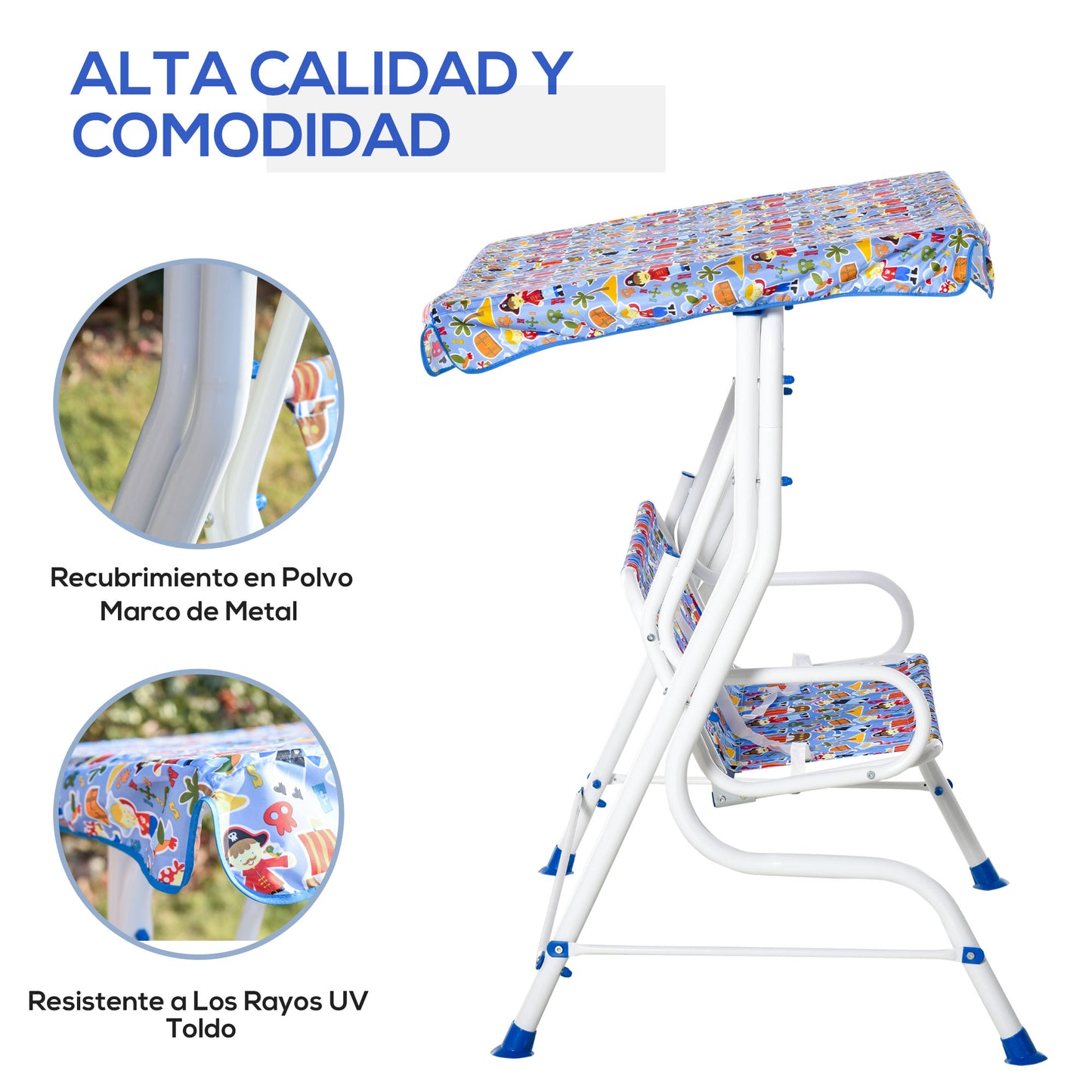 Outsunny Columpio Balancín de Jardín Infantil 2 Plazas para Niños de +3 Años con Toldo Ajustable en Ángulo para Terraza Balcón Carga Máx. 60 kg 110x70x110 cm Azul