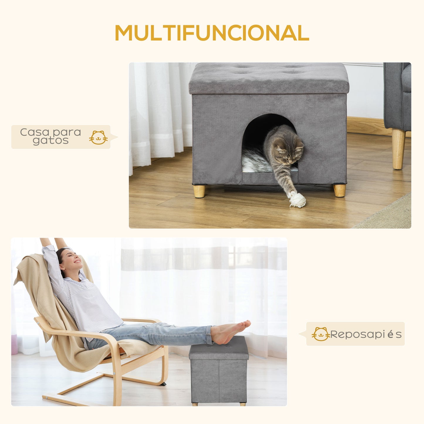 PawHut Cueva para Gatos 2 en 1 Taburete Reposapiés con Tapa Extraíble Orificio de Entrada Cojín Lavable y Patas Elevadas de Madera para Interior 60x45x44,5 cm Gris