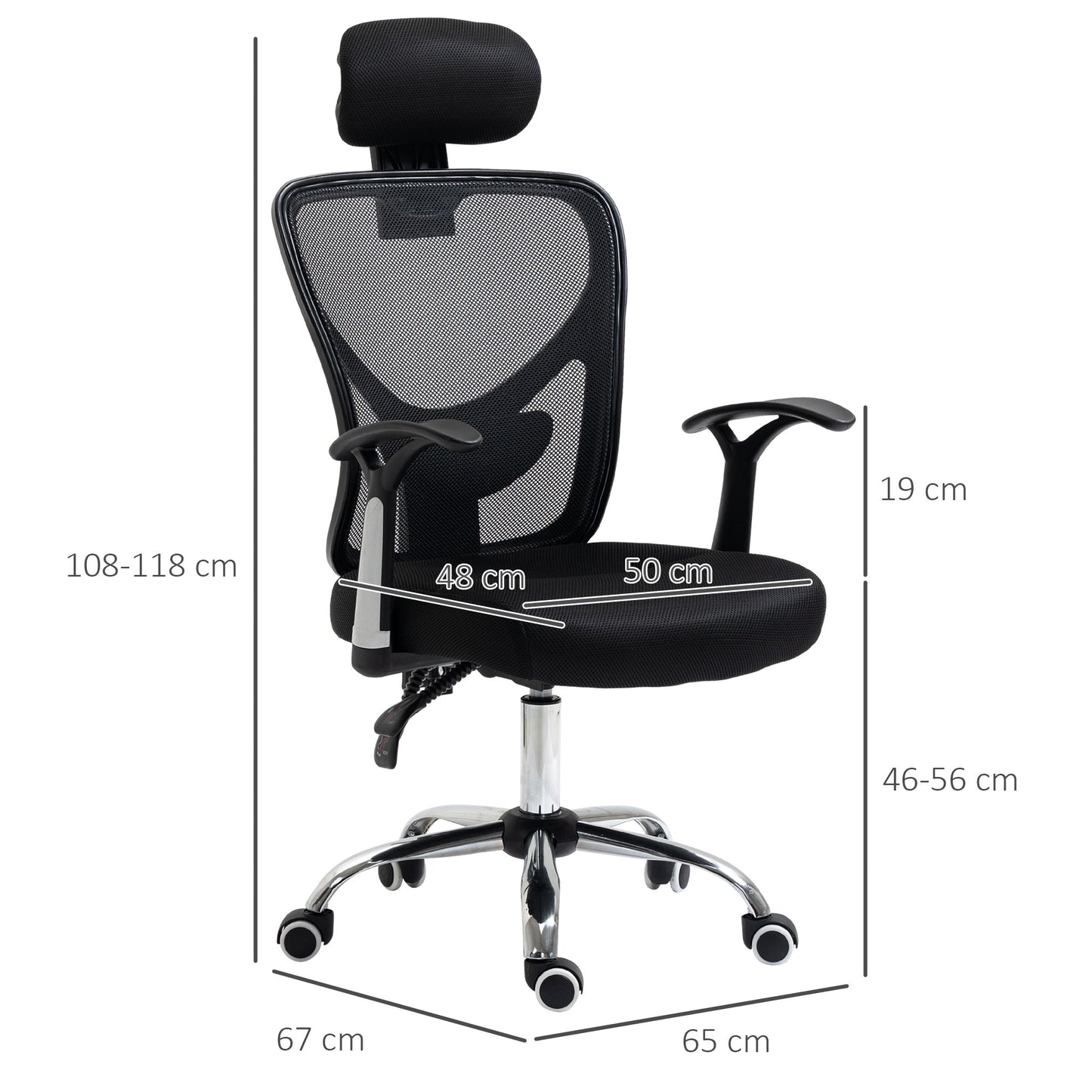 Vinsetto Silla de Oficina Ergonómica Silla de Malla con Altura Ajustable Función Reclinable Reposacabezas Regulable y Soporte Lumbar 62x67x108-118 cm Negro