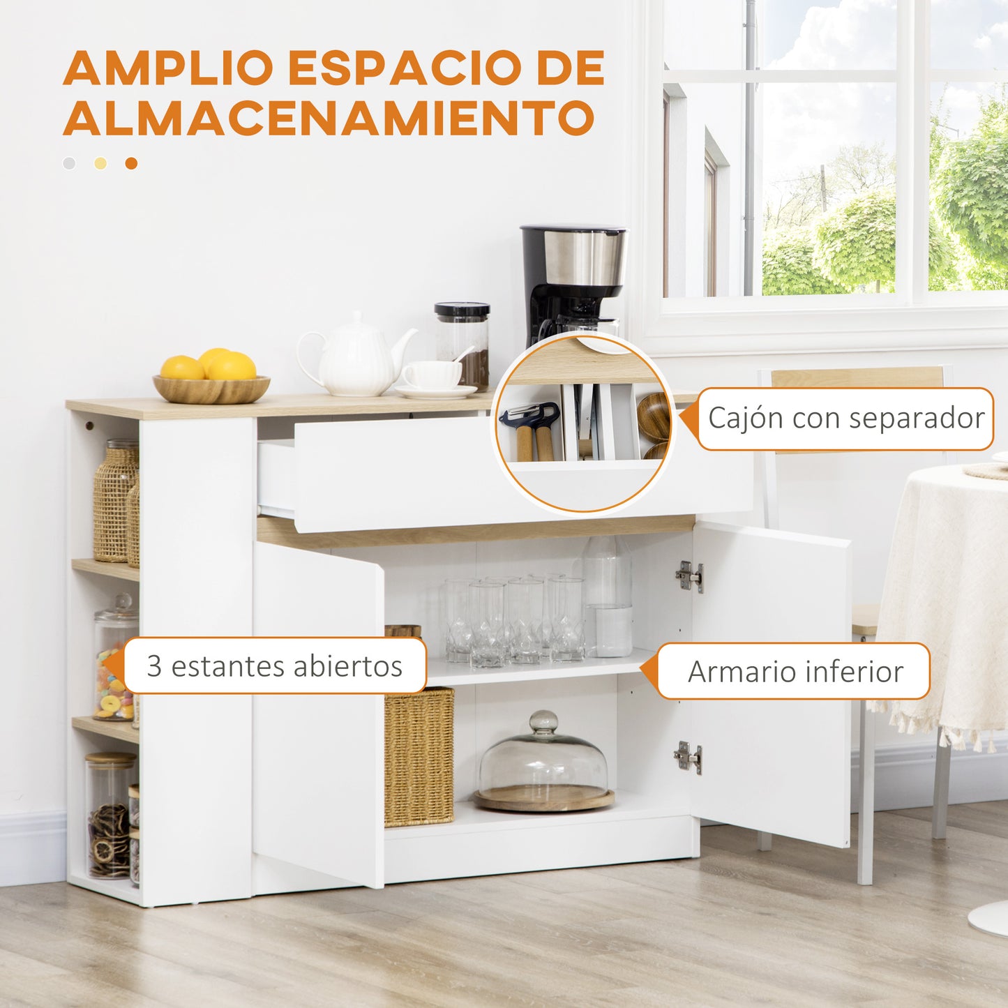 HOMCOM Aparador Blanco Aparador de Cocina con 2 Puertas Cajón y 3 Estantes Abiertos Armario de Almacenamiento para Salón Comedor 110x29,5x82 cm