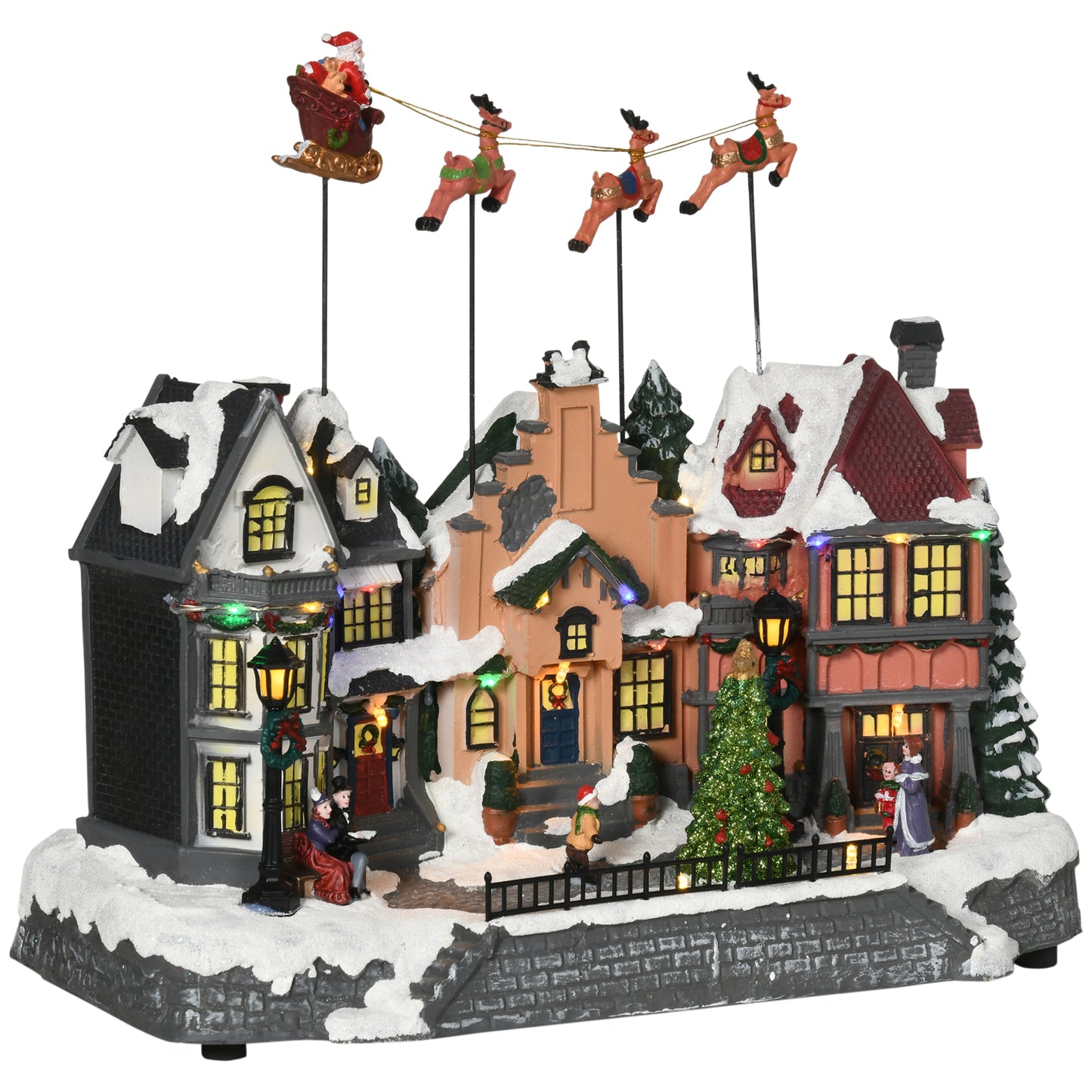 HOMCOM Pueblo Navideño Escena Navideña Iluminado con Luces LED Árbol de Navidad Papá Noel y Renos Móvil Decoración Navideña sobre Mesa 38,5x20,5x33 cm Multicolor