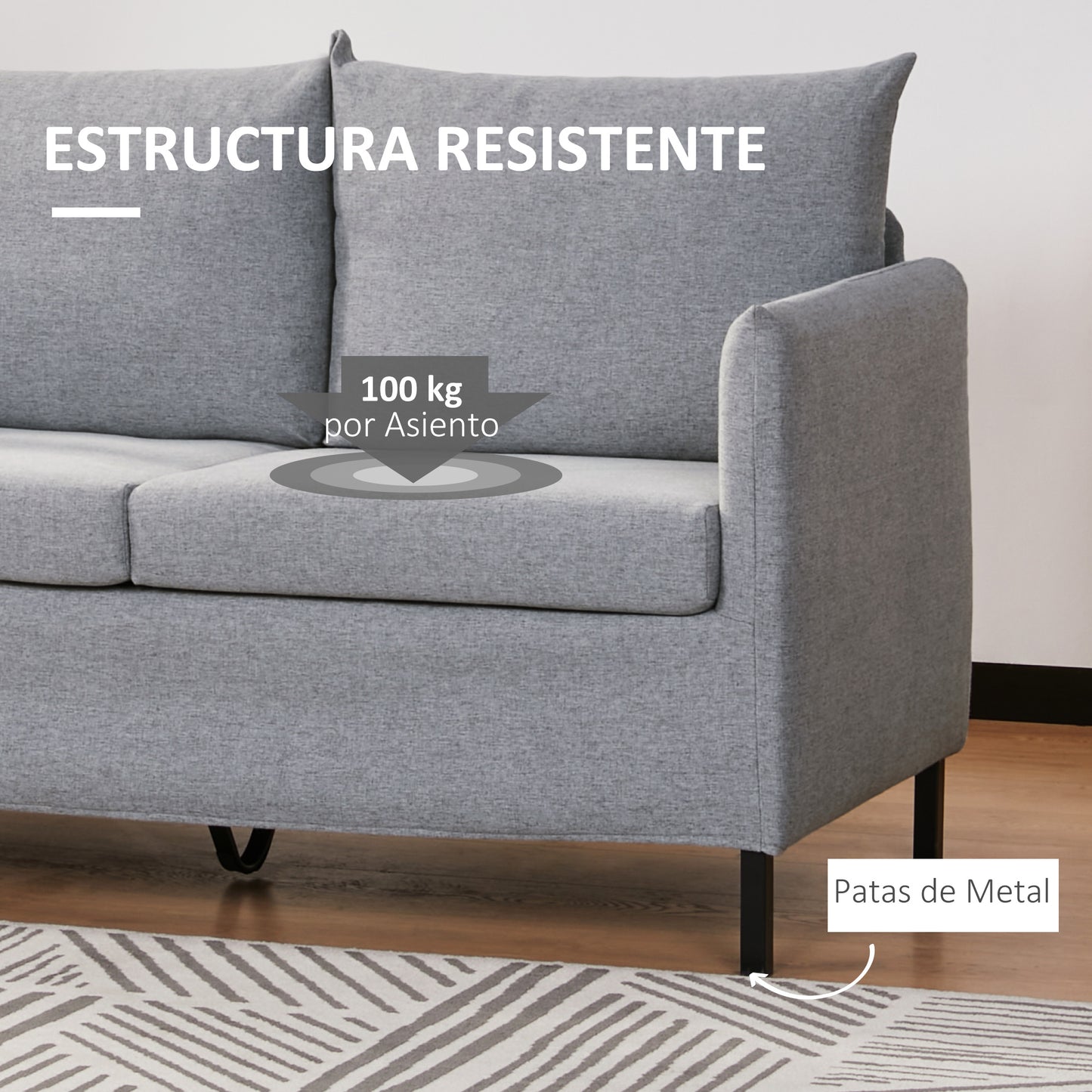 HOMCOM Sofá de 2 Plazas Tapizado en Lino Sintético Sillón Biplaza de Salón con Cojines Acolchados Desenfundables Reposabrazos y Patas de Acero 130x67x76,5 cm Gris