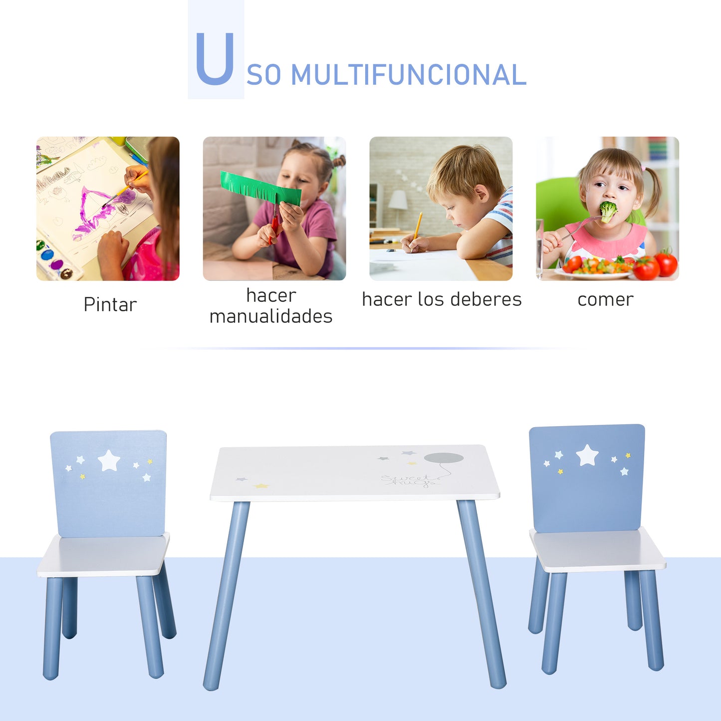 HOMCOM Juego de Mesa Infantil y 2 Sillas de Madera Mesa con Sillas para Niños de 2-4 Años Mesa 60x40x43 cm y Sillas 28x26x48 cm para Dormitorio Sala Blanco y Azul