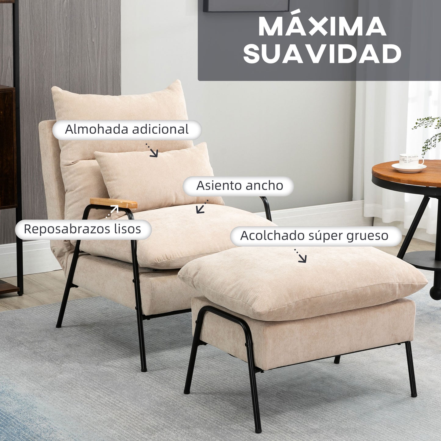 HOMCOM Sillón de Relax con Reposapiés Sillón Reclinable con Respaldo Ajustable Tapizado en Pana Marco de Acero y Cojines para Salón Dormitorio 68x91,5x88 cm Beige