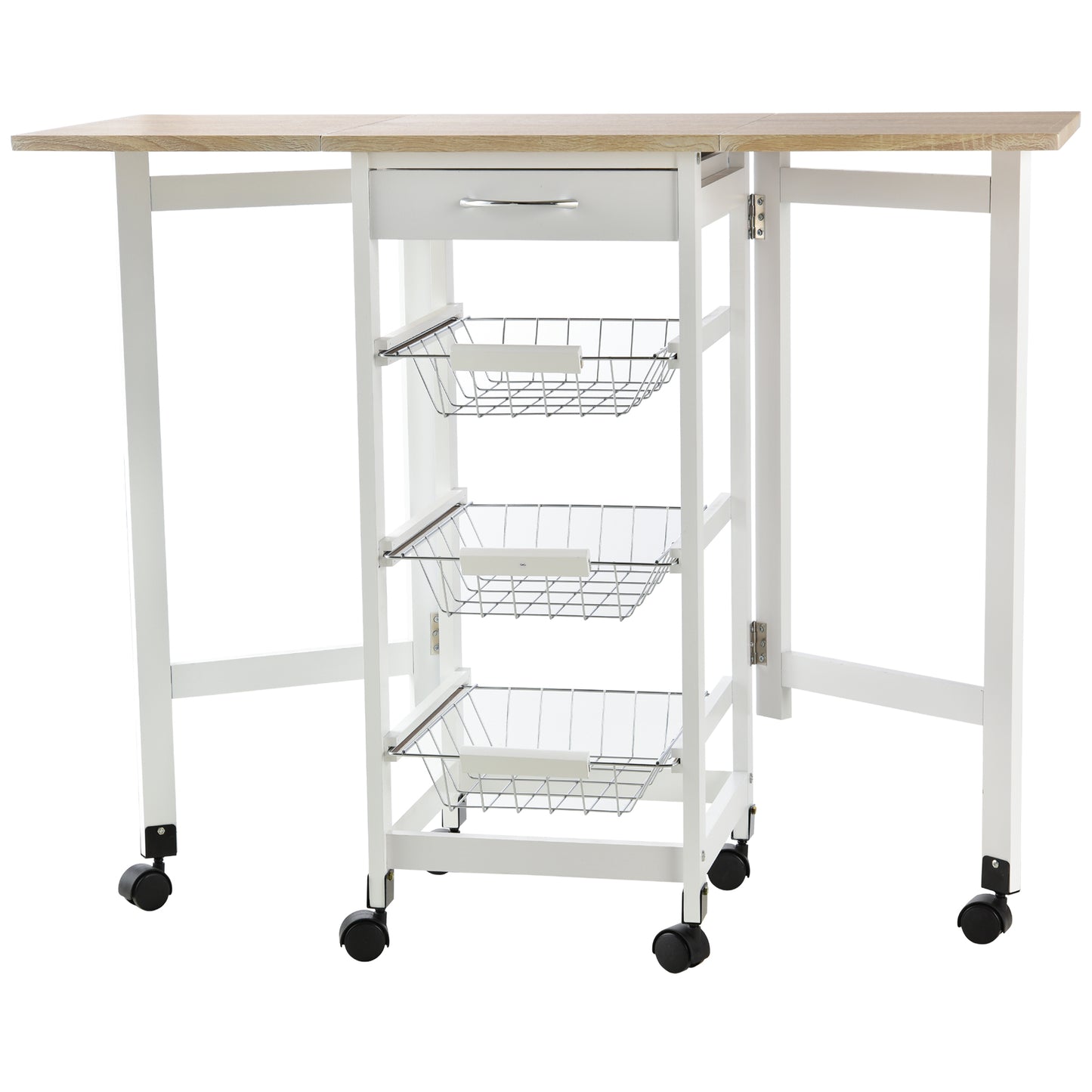 HOMCOM Carrito de Cocina Plegable Carrito Auxiliar con 6 Ruedas 1 Cajón y 3 Cesta de Metal Carro de Servicio Multifuncional para Almacenamiento Carga 50 kg 97,2x37x77,5 cm Blanco y Roble