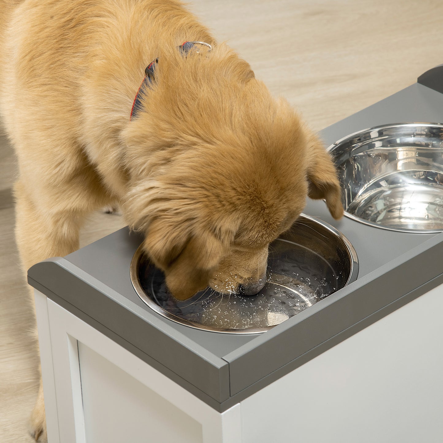 PawHut Comedero Elevado para Perros Grandes Cuencos para Perros con 2 Tazones 2000ml de Acero Inoxidable y Cajón Oculto Soporte de Madera para Mascotas 60x30x36 cm Blanco