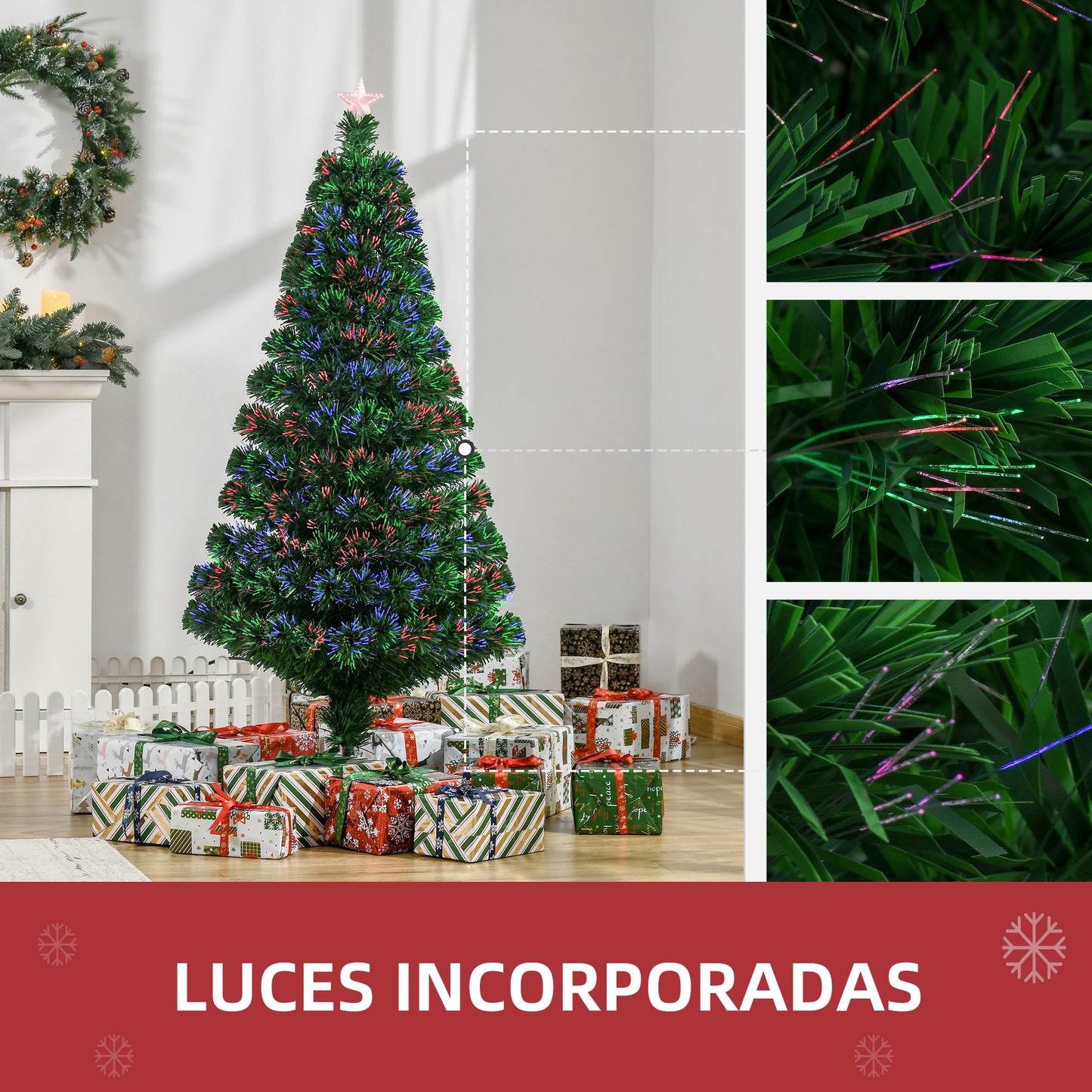 HOMCOM Árbol de Navidad 150cm Artificial Árboles de Abeto con Soporte Fibra Óptica Brillante LED Multicolor Ignífugo