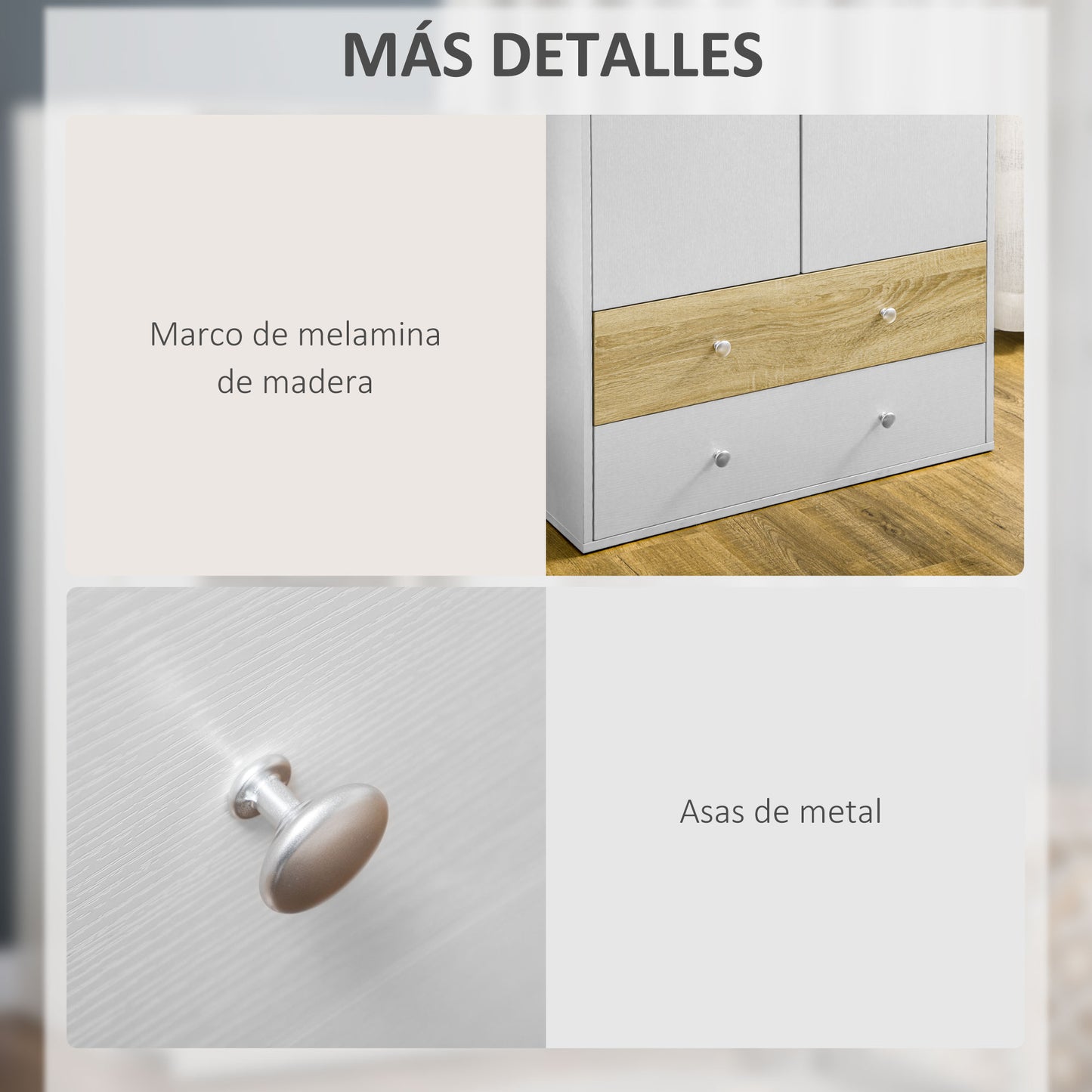 HOMCOM Armario Ropero de Madera Armario de Ropa con 2 Puertas 2 Cajones y 1 Barra para Colgar Estilo Moderno para Dormitorio 80x50x180 cm Blanco y Roble