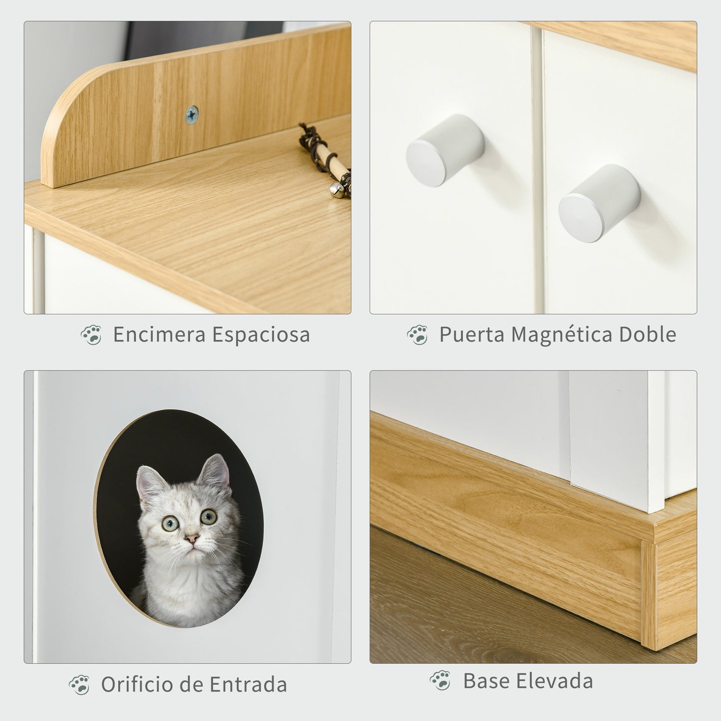 PawHut Casa para Gatos de Madera Mueble Arenero para Gatos 2 en 1 con Estante de Almacenaje Doble Puerta y Orificio de Entrada Lateral 75x53x67 cm Blanco y Roble