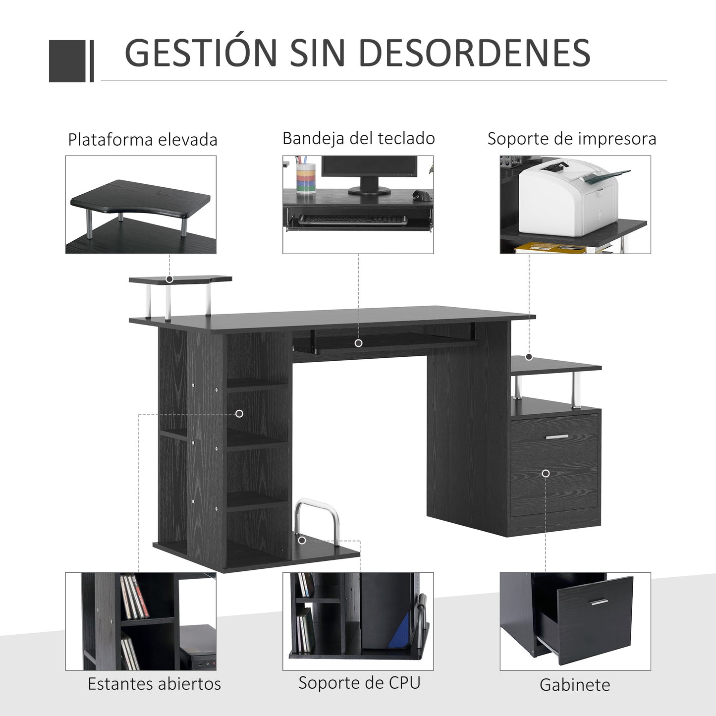 HOMCOM Mesa de Ordenador Mesa de Escritorio con 6 Estantes Cajón Bandeja de Teclado y Soportes para Monitor Impresora para Oficina Estudio 152x60x88 cm Negro