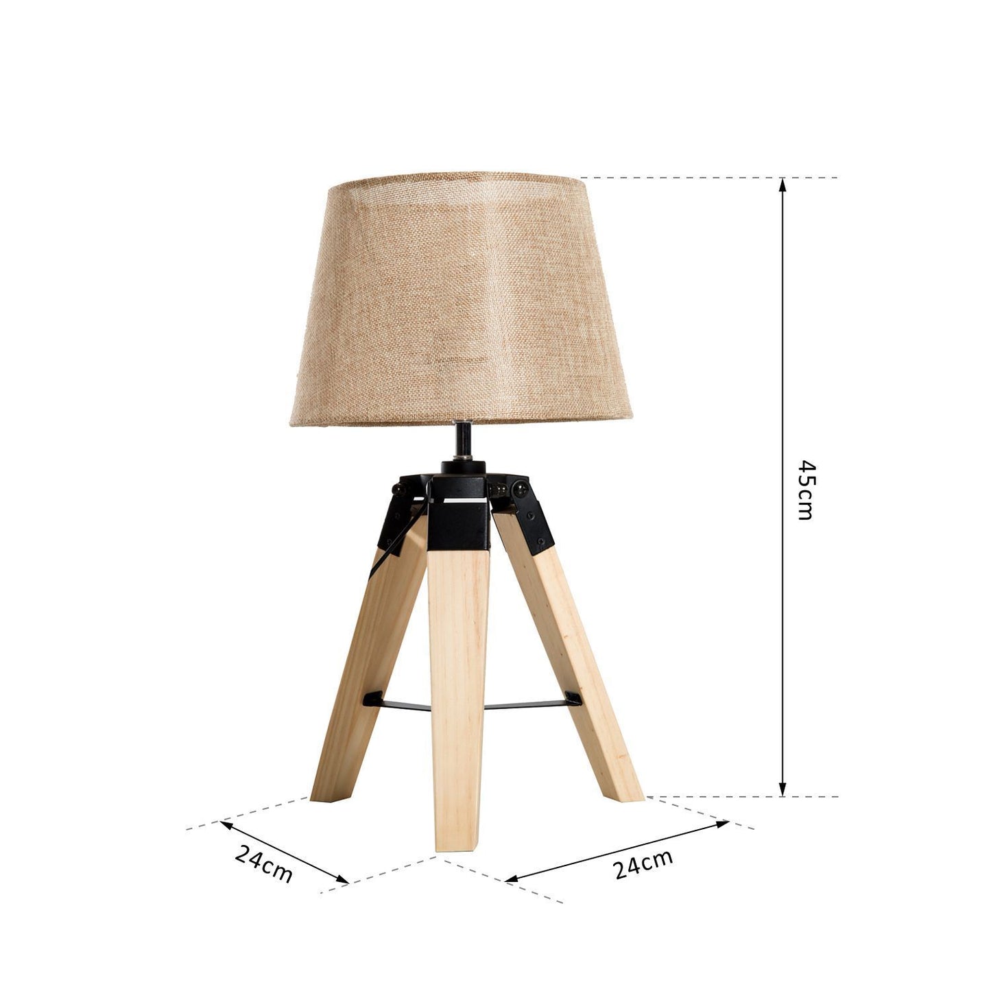 HOMCOM Lámpara de Mesa Moderna y Original con Base Trípode de Madera y Pantalla de Tela Lino para Salón o Dormitorio 24x24x45cm E27 Máx. 40W Crema