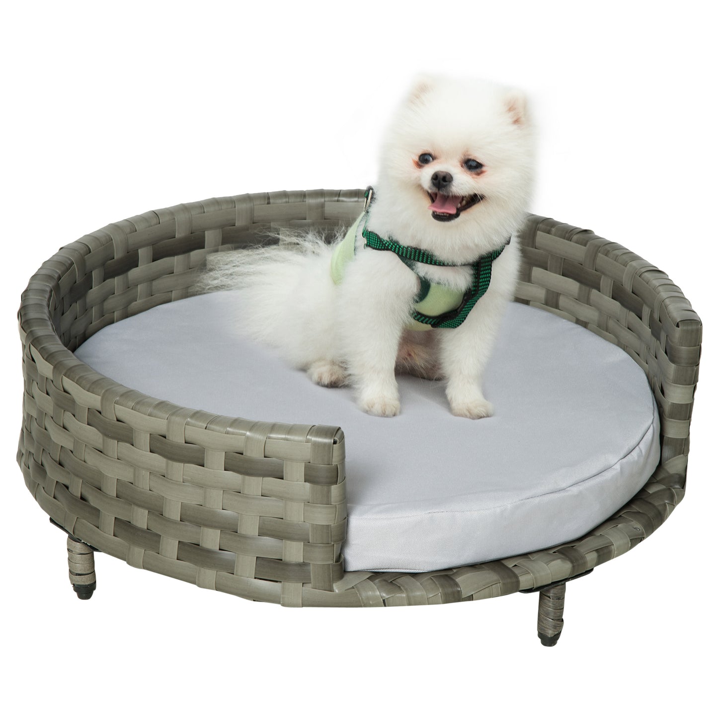 PawHut Sofá para Perros de Ratán Sintético Cama Elevada para Mascotas Pequeñas Redonda con Cojín Impermeable y Lavable para Interior y Exterior Ø60x20 cm Gris