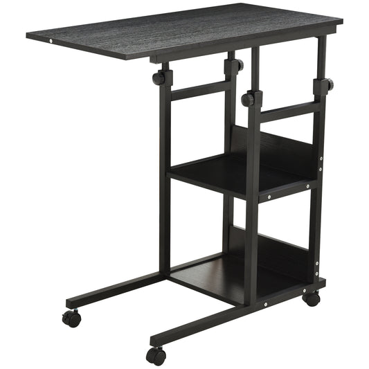 HOMCOM Mesa Auxiliar con Ruedas 80x40 cm Mesa para Sofá en Forma de C con Altura Ajustable 3 Niveles de 72-82 cm Marco de Metal para Salón Cocina Negro