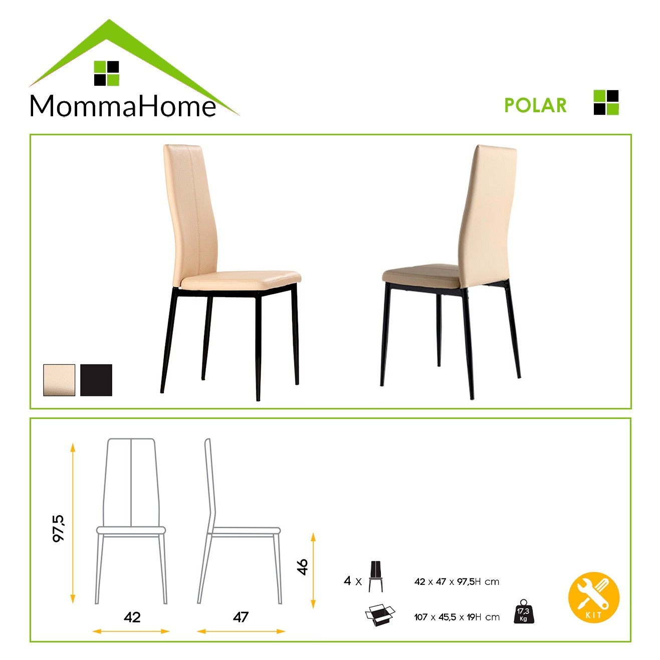 MOMMA HOME Set de 4 Sillas de Comedor, Modelo Polar, Color Capuccino/Negro, Material Ecopiel/Metal, Medidas de la Silla 42 x 47