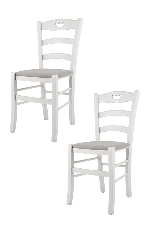 Tommychairs - Set 2 sillas de Cocina y Comedor Valentina, Estructura en Madera de Haya lacada blanco y Asiento tapizado en tejido gris perla