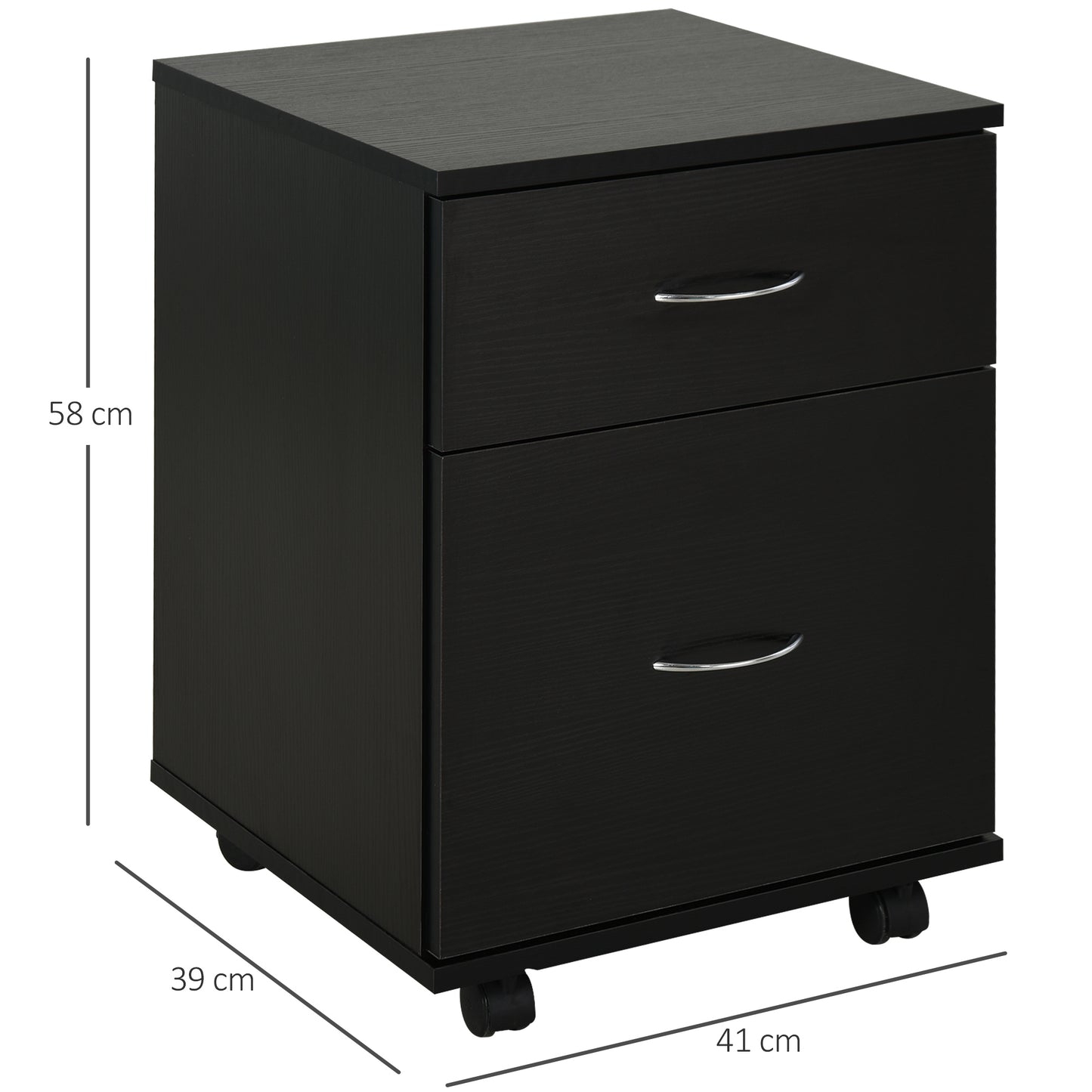 HOMCOM Cajonera de Oficina y Hogar tipo Archivador de Madera Móvil con Ruedas y 2 Cajones 41x39x58cm Negro