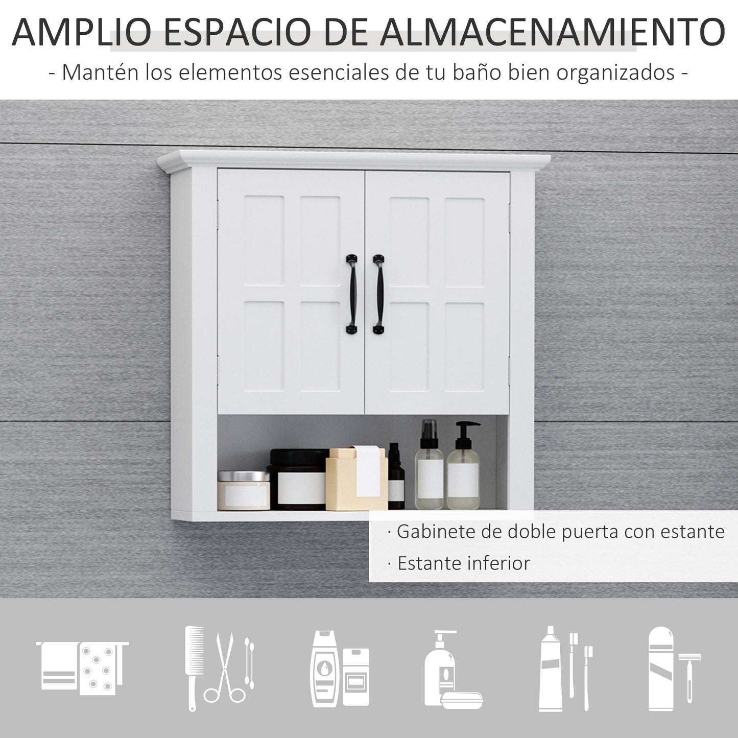 HOMCOM Armario de Pared para Baño Mueble Suspendido de Baño con 2 Puertas y Estante Ajustable y Almacenamiento Abierto para Aseo Dormitorio Ducha 60x19,8x58 cm Blanco