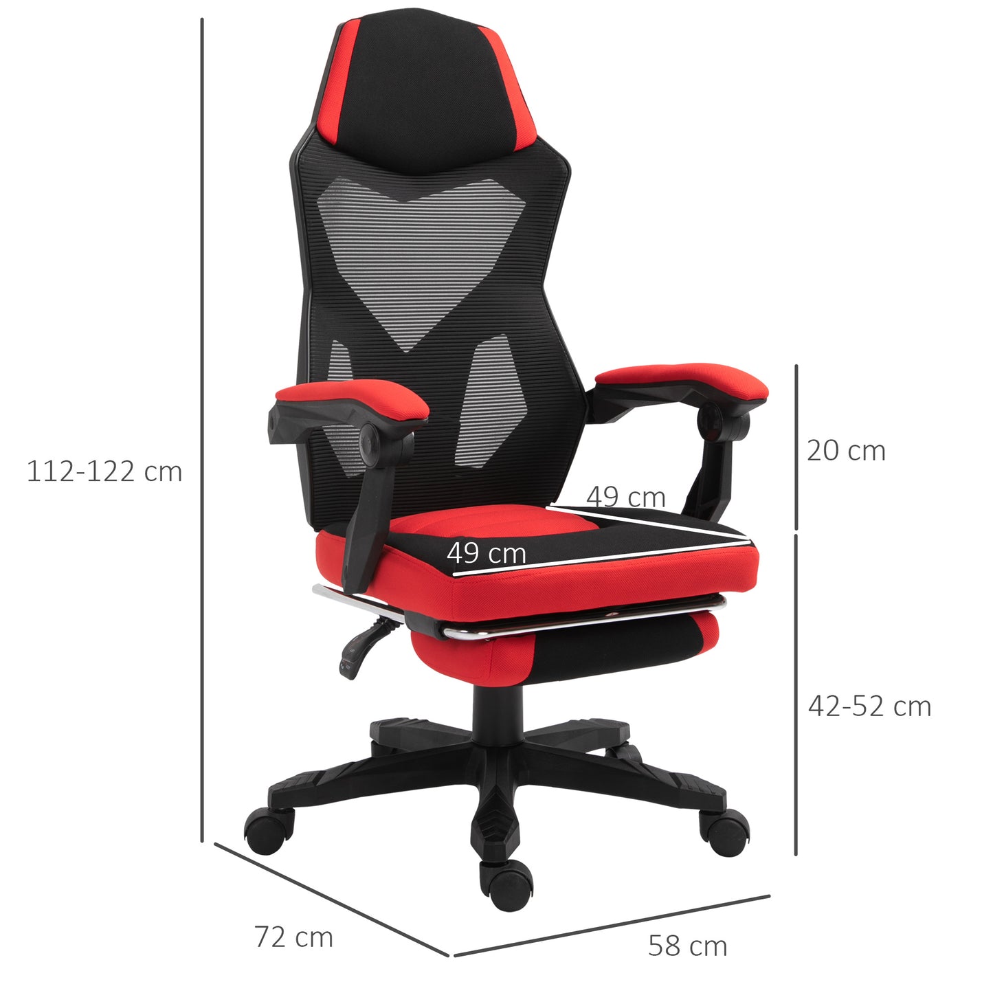 Vinsetto Silla de Oficina con Reposapiés Retráctil Silla Gaming con Altura Ajustable 360° Reclinable hasta 135 Grados con Reposabrazos 58x72x112-122 cm Rojo