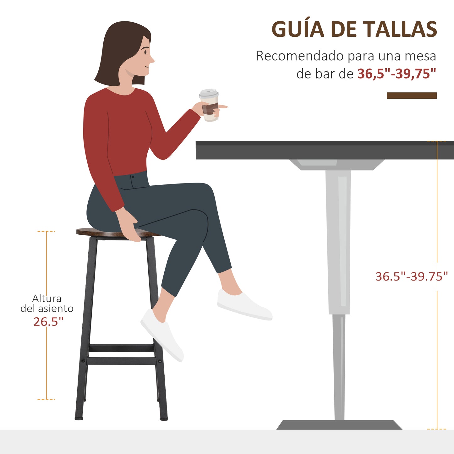 HOMCOM Juego de 2 Taburetes Altos de Cocina Altura 65 cm Taburetes de Bar Sillas de Bar con Patas de Acero y Reposapiés para Salón Comedor Bar Carga 75 kg Marrón Rústico y Negro