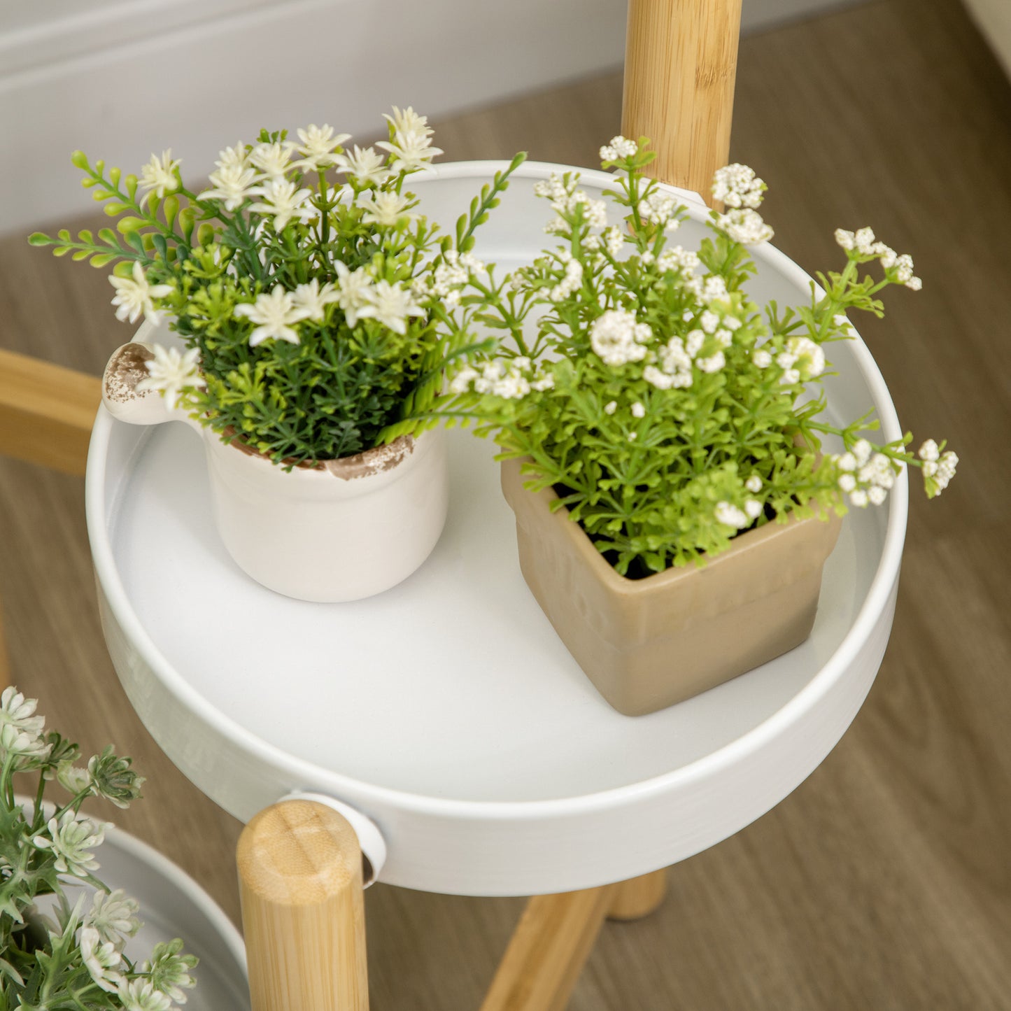 Outsunny Soporte para Plantas Estantería para Plantas con Pies de Bambú Estantería para Flores con 4 Estantes Redondos Carga 20 kg para Interior y Exterior Ø28x80 cm Natural y Blanco