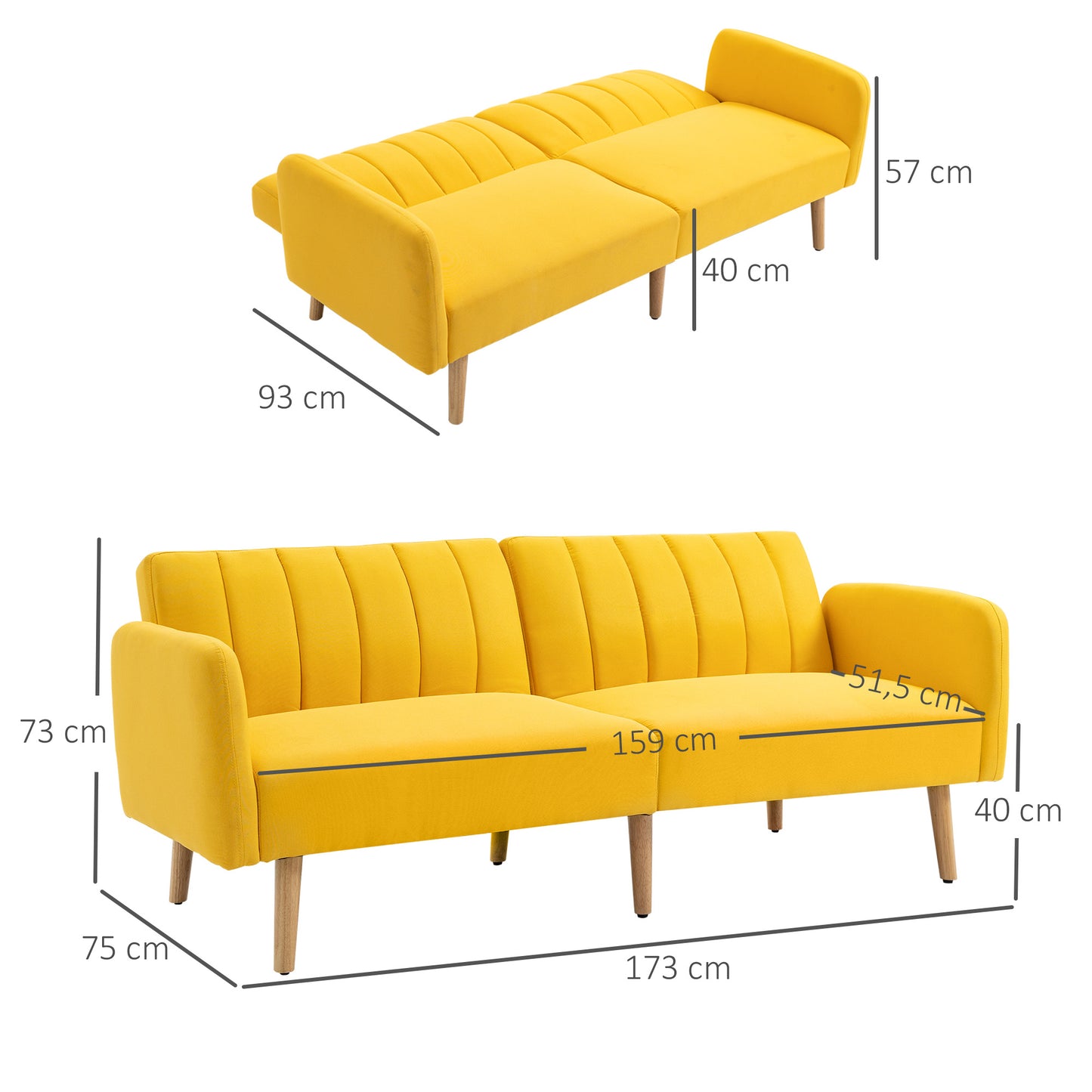 HOMCOM Sofá Cama de 2 Plazas Moderno Sofá Cama Plegable Tapizado en Lino Sintético con Respaldo Ajustable en 3 Niveles y Reposabrazos Desmontables para Salón Oficina 173x75x73 cm Amarillo