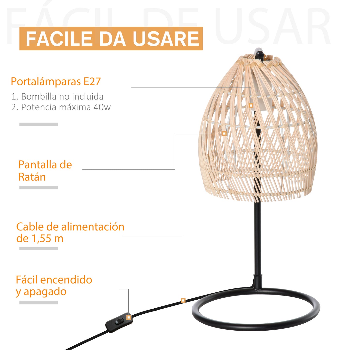 HOMCOM Lámpara de Mesa Lámpara de Mesita de Noche Casquillo E27 Máx. 40W Lámpara Decorativo con Pantalla de Ratán para Dormitorio Salón Ø20x41 cm Natural