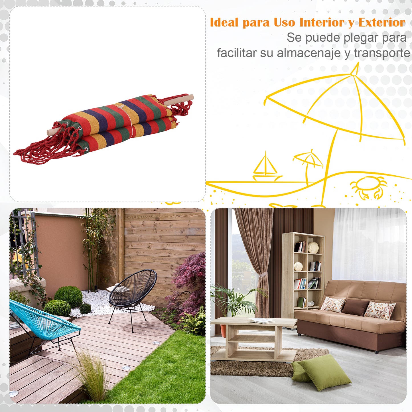 Outsunny Silla Hamaca Colgante Tejido de Algodón Poliéster Carga 100 kg Sillón Colgante para Interior Exterior Terraza 100x60x100 cm Multicolor