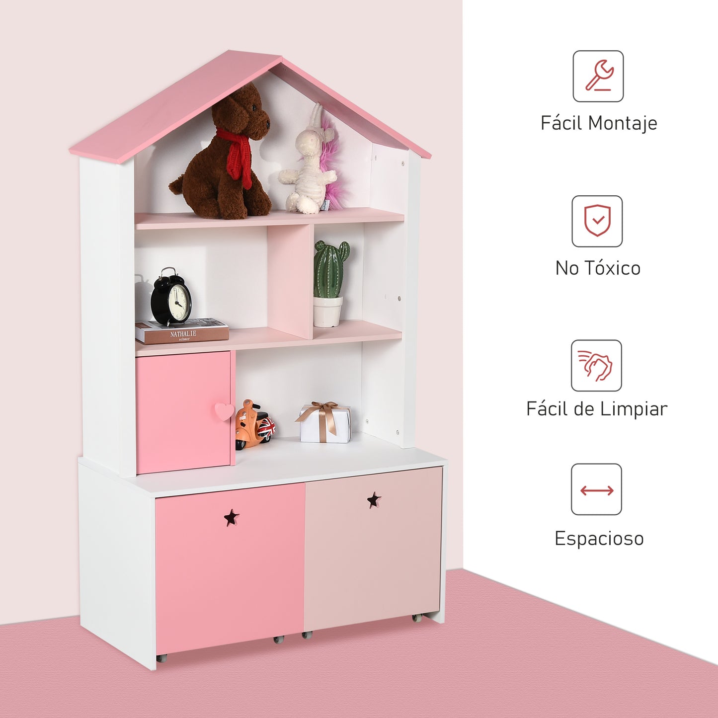 HOMCOM Estantería de Madera Infantil Librería para Niños con 4 Compartimentos 1 Puerta y 2 Cajones Extraíbles con Ruedas para Libros Juguetes 80x34x130 cm Rosa y Blanco