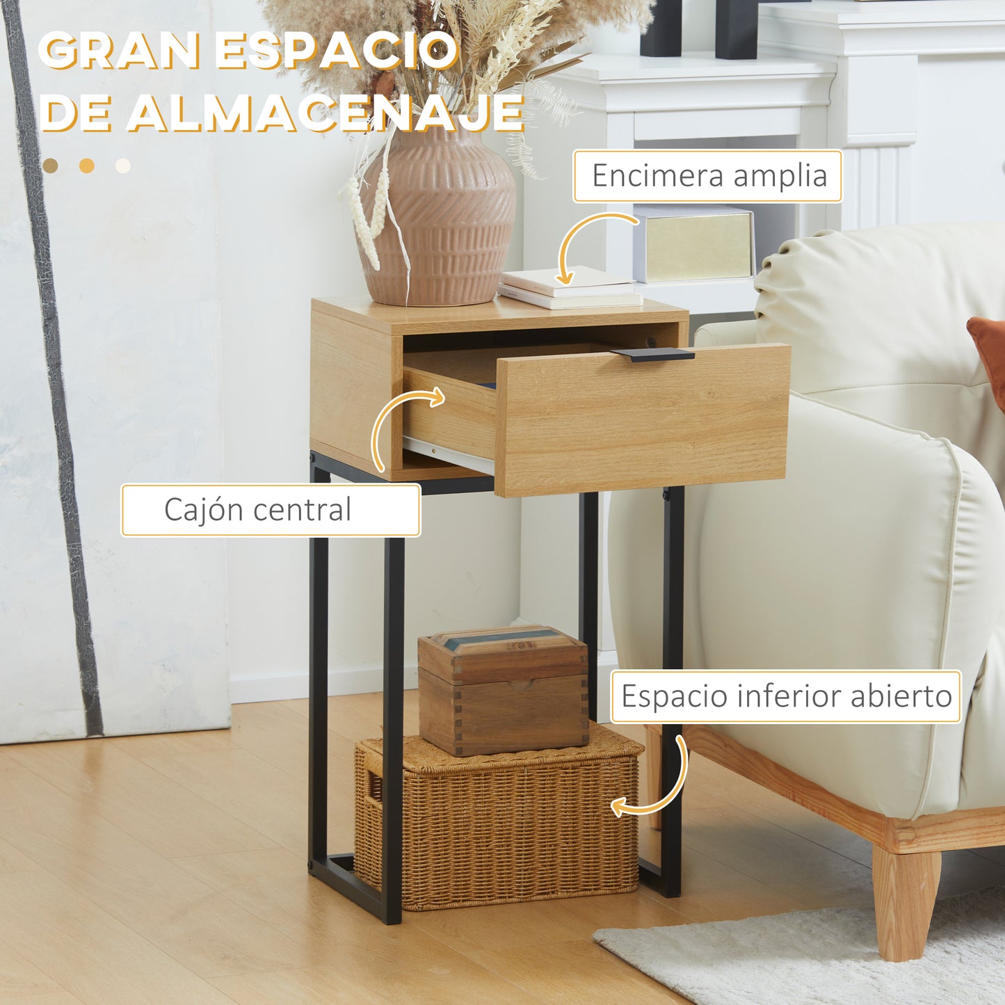 HOMCOM Mesa Auxiliar para Sofá Mesita Auxiliar Moderna con Cajón con Patas de Acero para Pasillo Salón Dormitorio 40x30x76 cm Natural