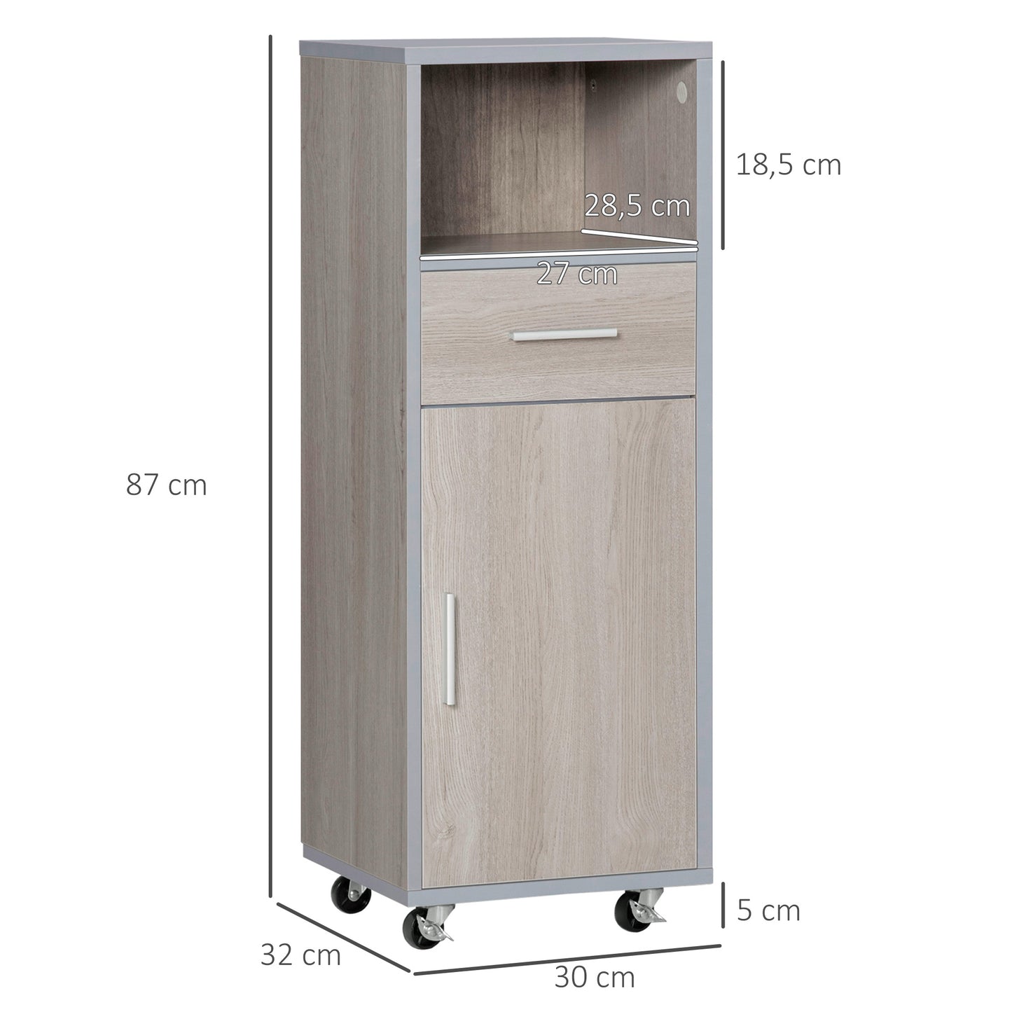 kleankin Armario de Baño con 1 Cajón 1 Puerta y Estante Abierto Mueble Auxiliar de Almacenaje con Ruedas para Salón Cocina Dormitorio Antivuelco 30x32x87 cm Gris