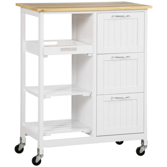 HOMCOM Carro de Cocina con Ruedas Carrito de Servicio con 3 Cajones 2 Estantes Abiertos y Bandeja Extraíble para Comedor Salón Carga 40 kg 67x37x87 cm Blanco