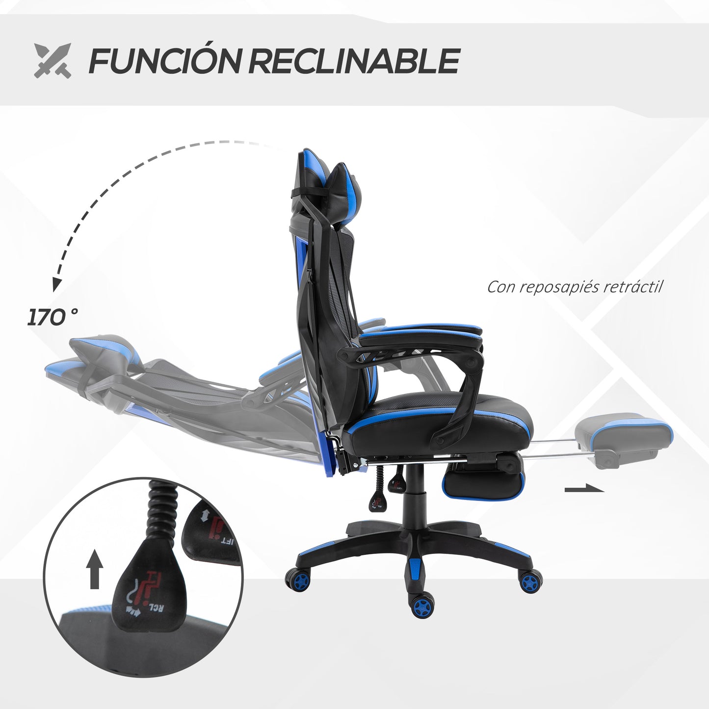 Vinsetto Silla Gaming Ergonómica Silla de Escritorio para Oficina con Altura Ajustable Respaldo Regulable de 170° Almohada Lumbar y Reposapiés Retráctil 65x70x117-125 cm Azul