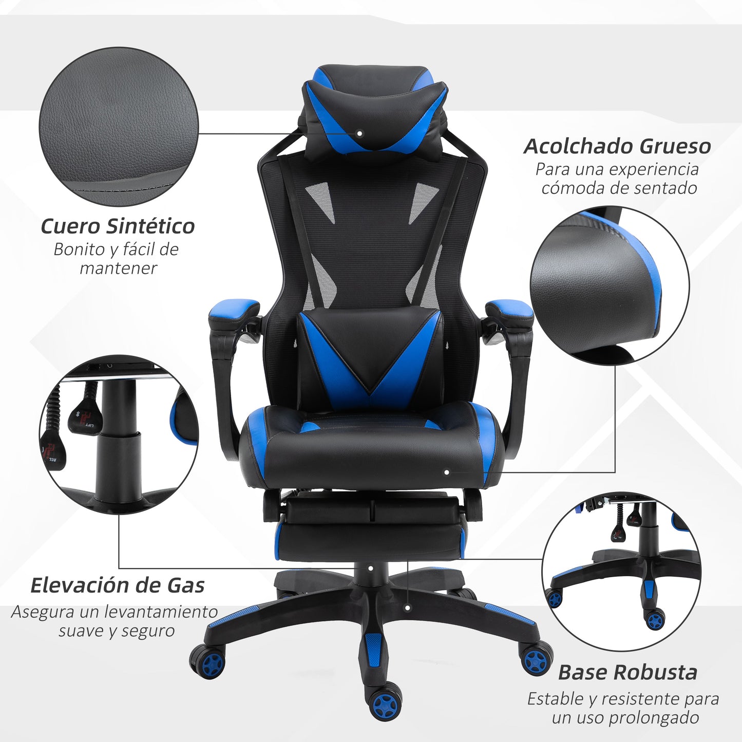 Vinsetto Silla Gaming Ergonómica Silla de Escritorio para Oficina con Altura Ajustable Respaldo Regulable de 170° Almohada Lumbar y Reposapiés Retráctil 65x70x117-125 cm Azul