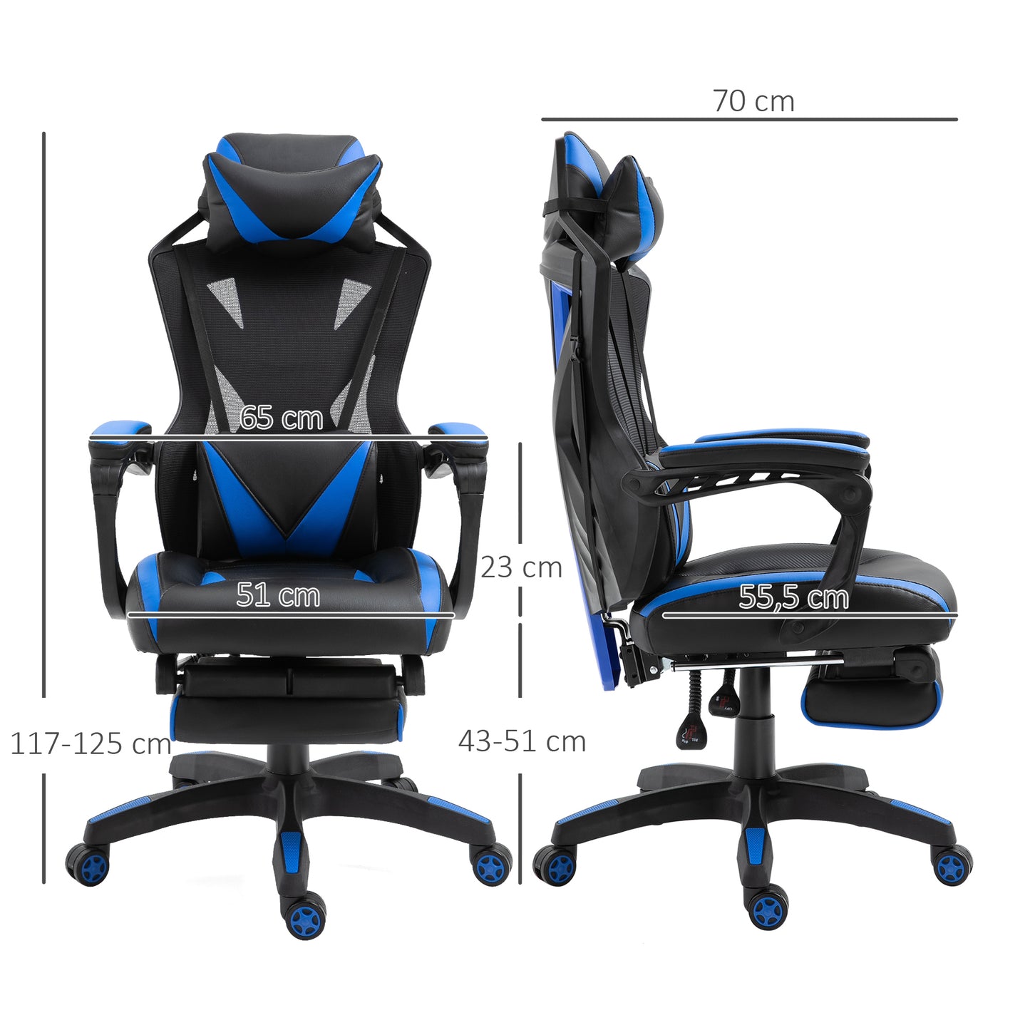 Vinsetto Silla Gaming Ergonómica Silla de Escritorio para Oficina con Altura Ajustable Respaldo Regulable de 170° Almohada Lumbar y Reposapiés Retráctil 65x70x117-125 cm Azul