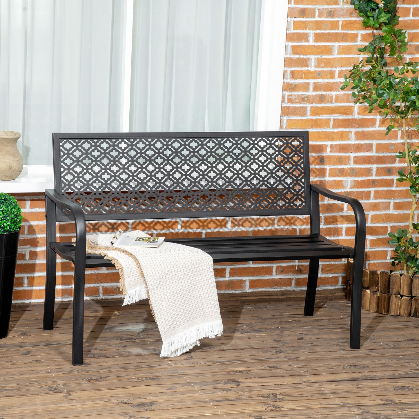 Outsunny Banco de Jardín de Acero Banco Exterior de 2 Plazas con Respaldo Decorativo Estampado para Terraza Balcón Patio Carga 240 kg 127x63x83 cm Negro