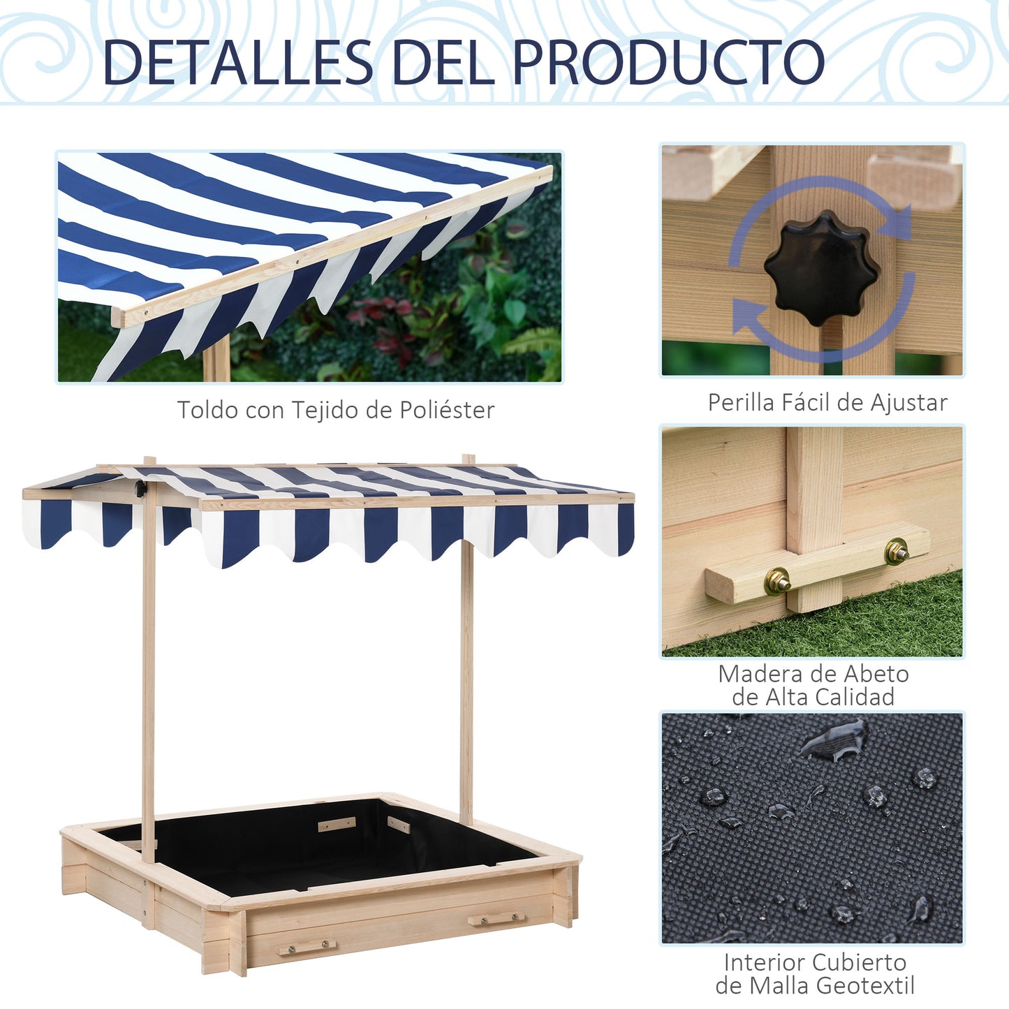 Outsunny Arenero para Niños de Madera Arenero Infantil con Toldo Ajustable en Altura 2 Bancos y Respaldos Desmontables para Patio Jardín 106x106x121 cm Madera Natural