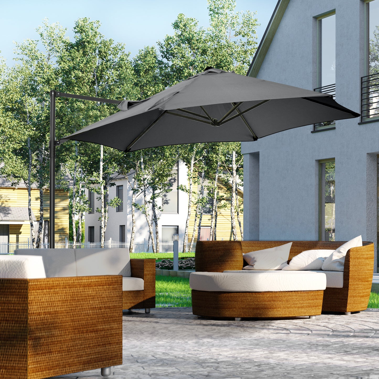 Outsunny Sombrilla de Jardín Ø256x245 cm Parasol Excéntrico Rotación de 360° con Apertura Manual y Base Cruzada para Patio Terraza Exterior Gris Oscuro